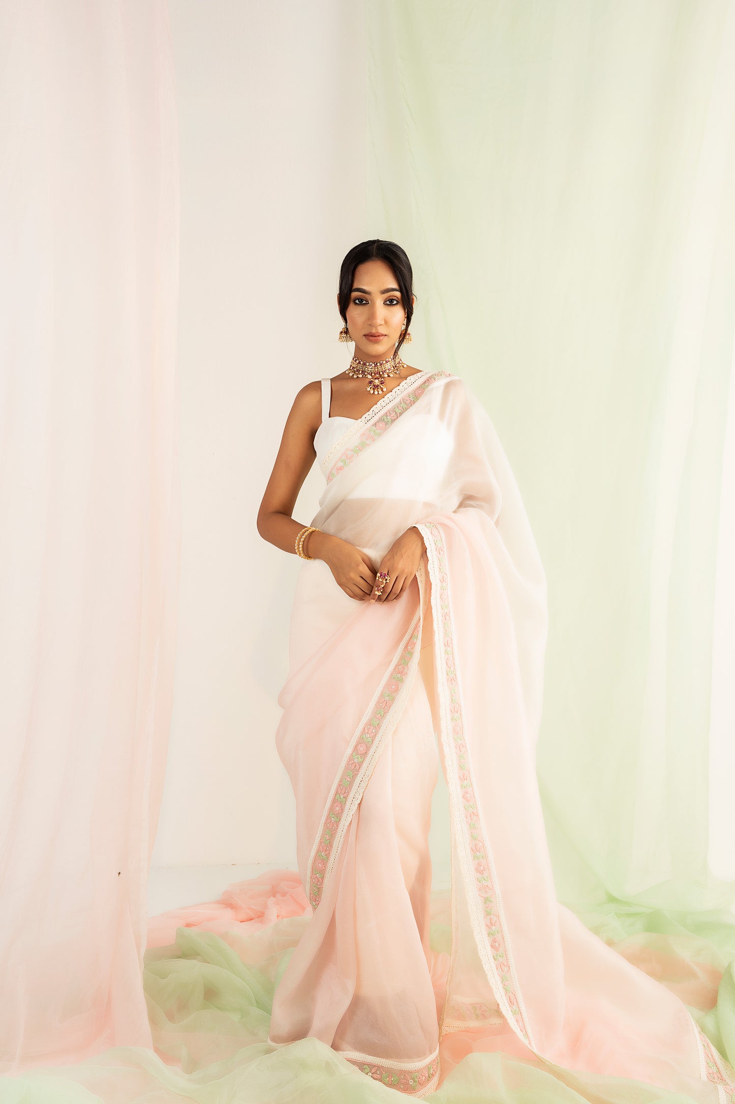 Ivory & Pink Hand Embroidered Organza Saree Set