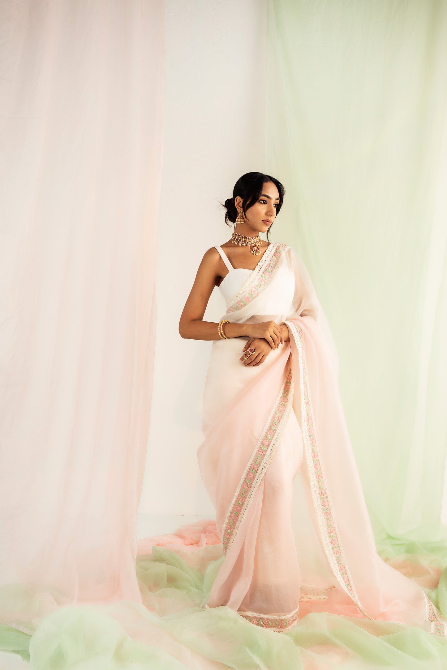 Ivory & Pink Hand Embroidered Organza Saree Set