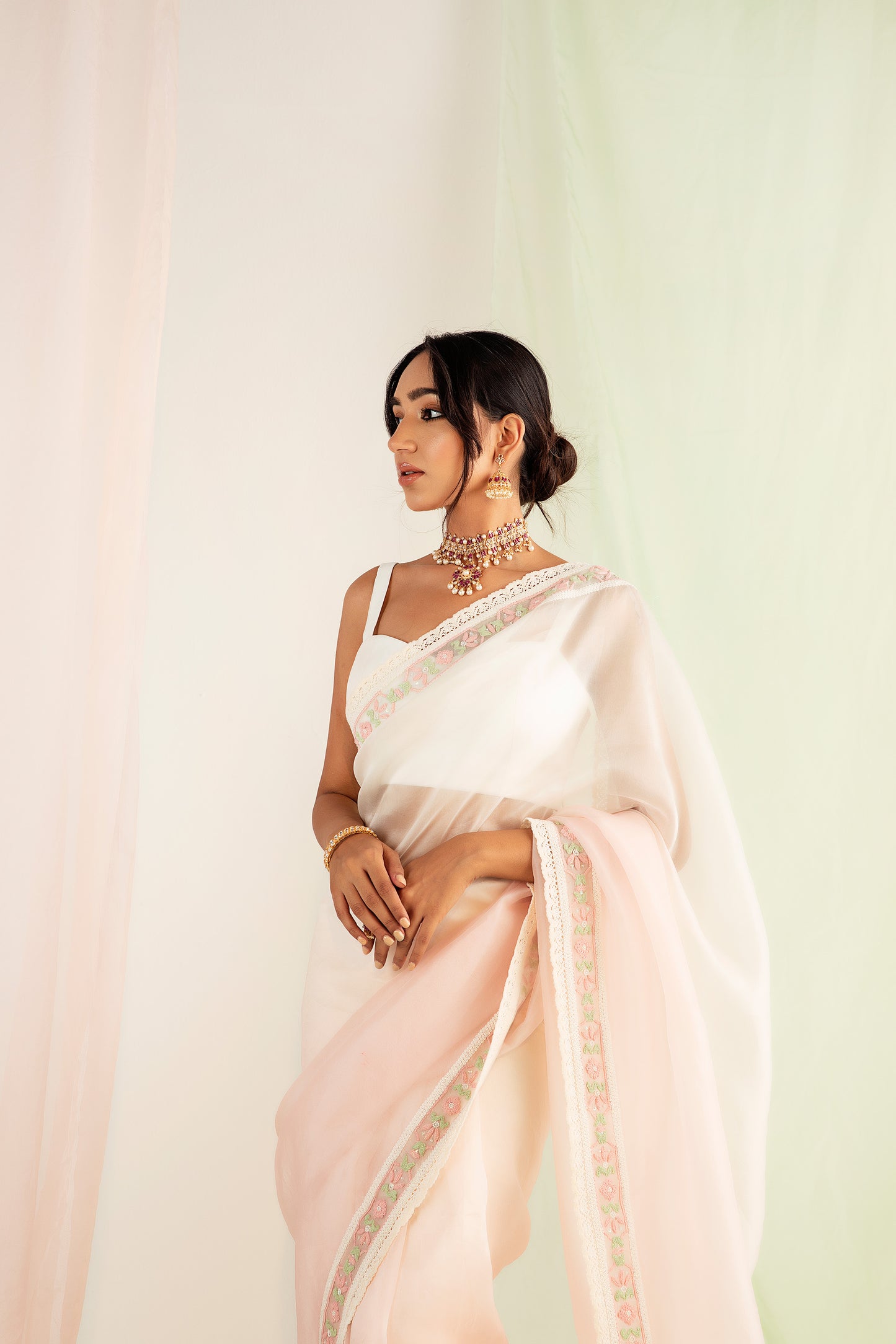 Ivory & Pink Hand Embroidered Organza Saree Set