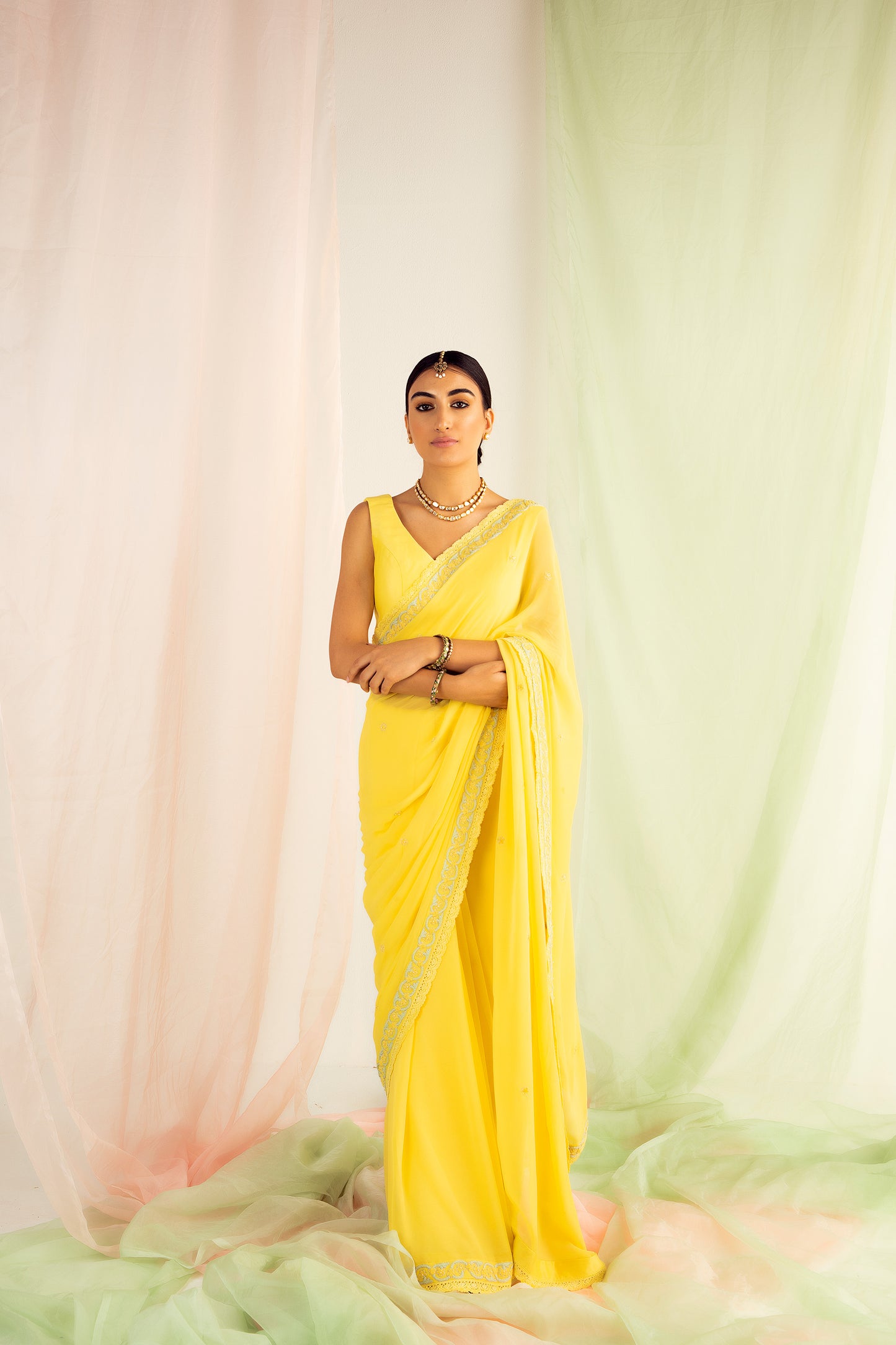 Yellow Georgette Embroidered Saree Set