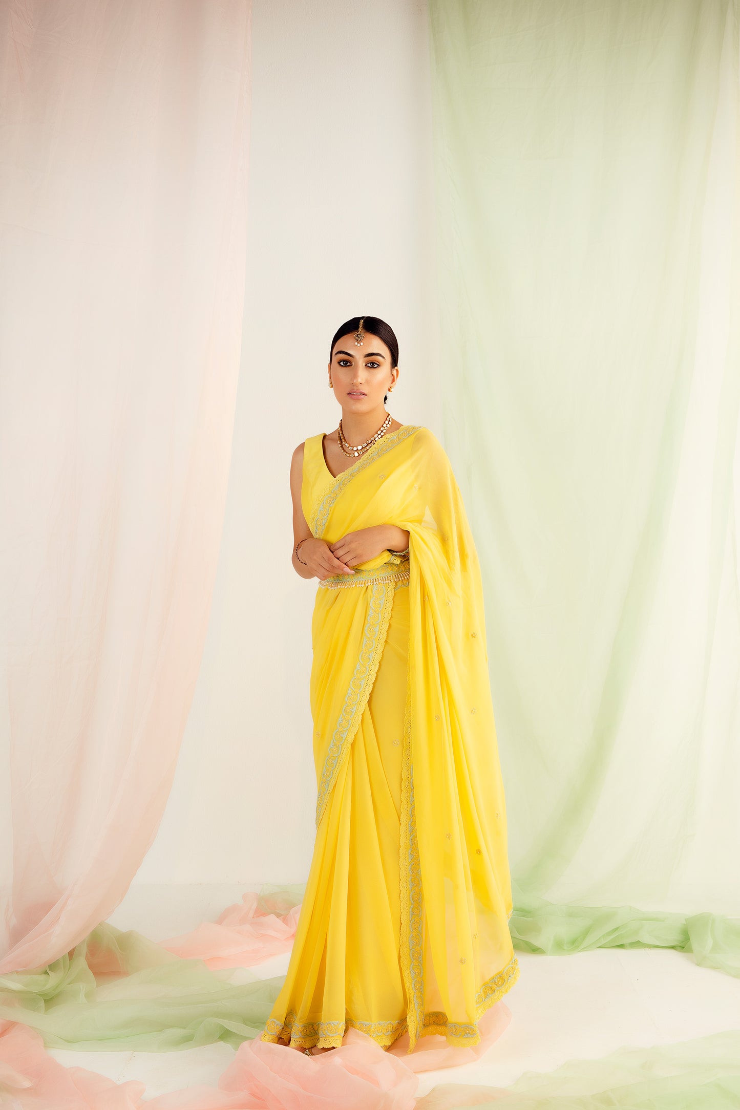 Yellow Georgette Embroidered Saree Set