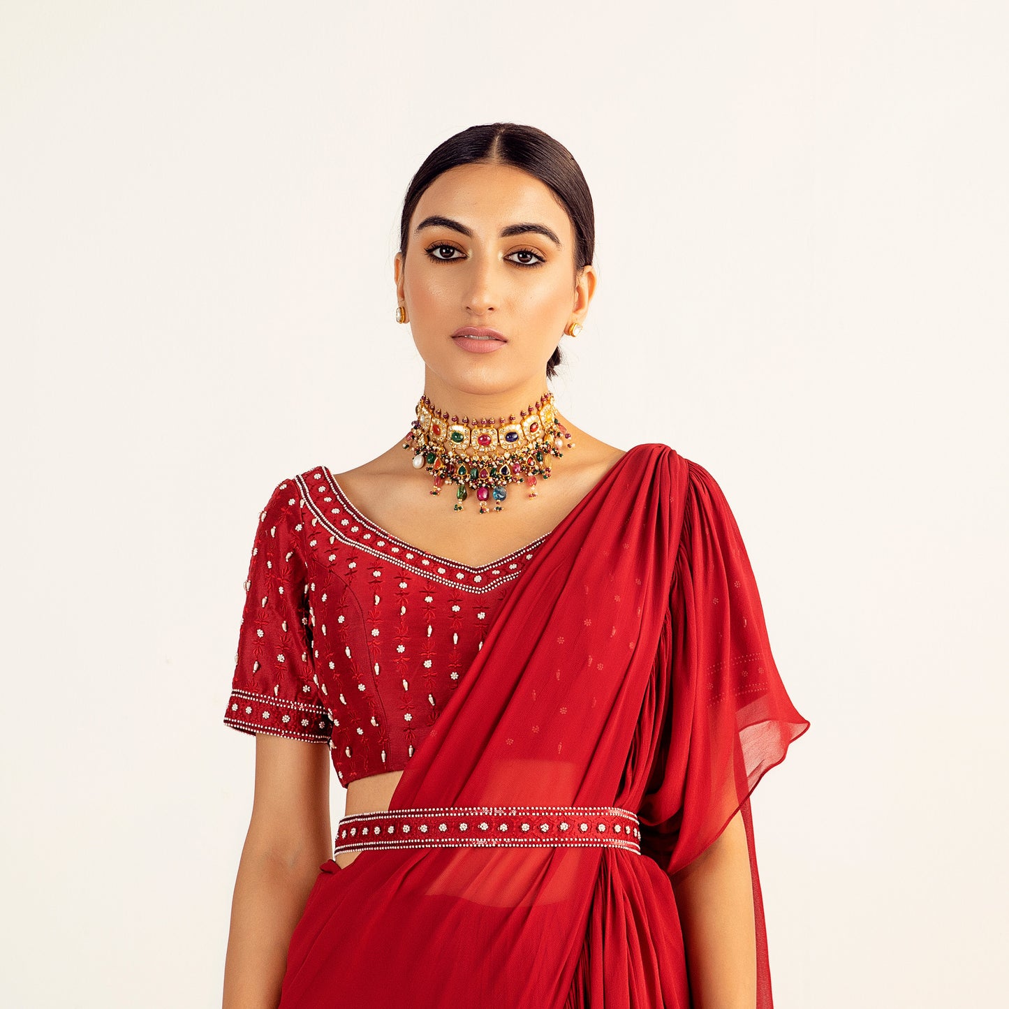 Maroon Georgette Embroidered Pre-Stitched Saree Set