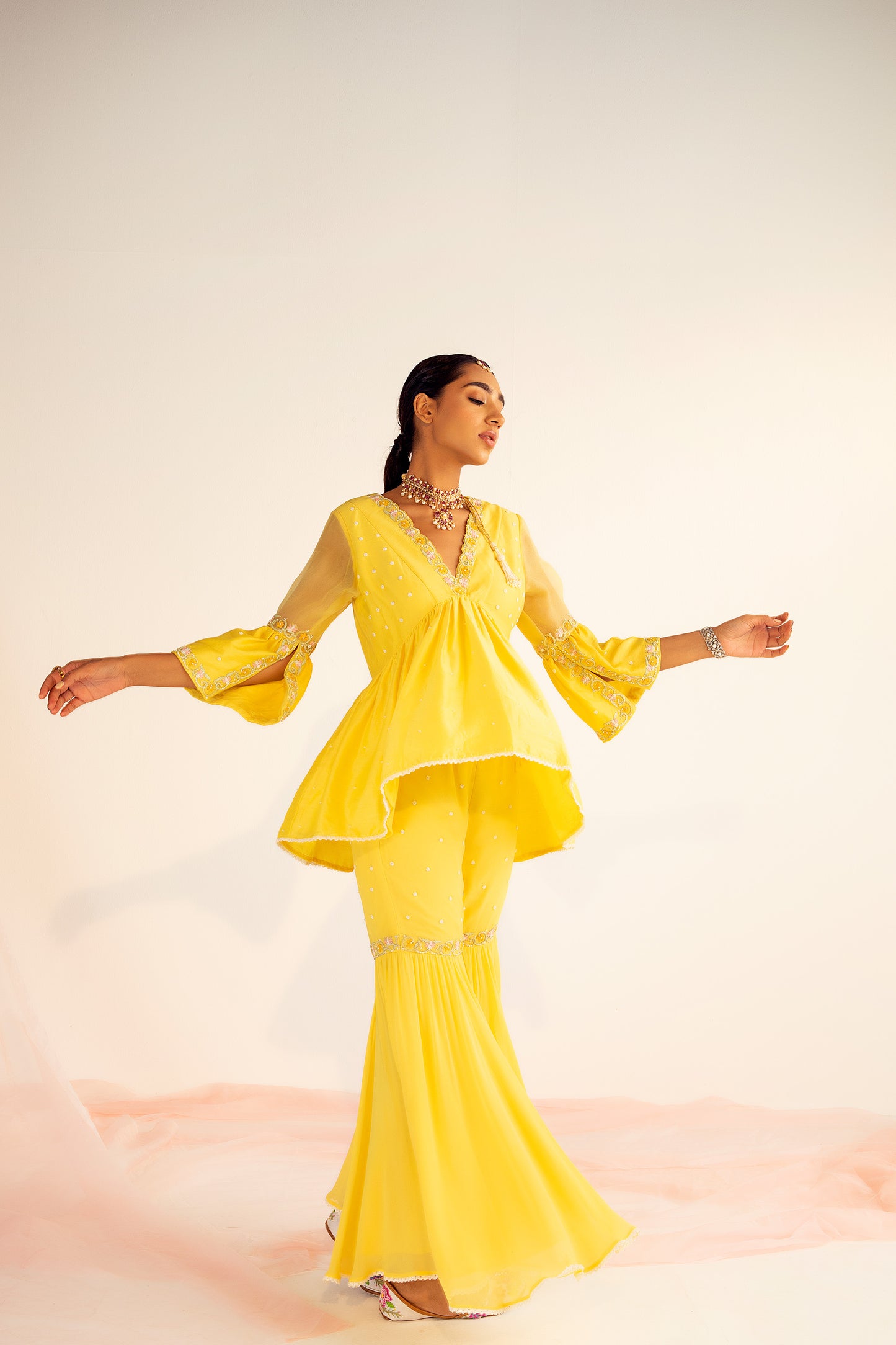 Yellow Peplum Chanderi Silk Elysian Sharara Set