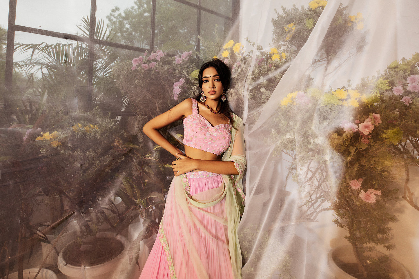 Candy Pink Hand Embroidered Chanderi Silk Lehenga Set