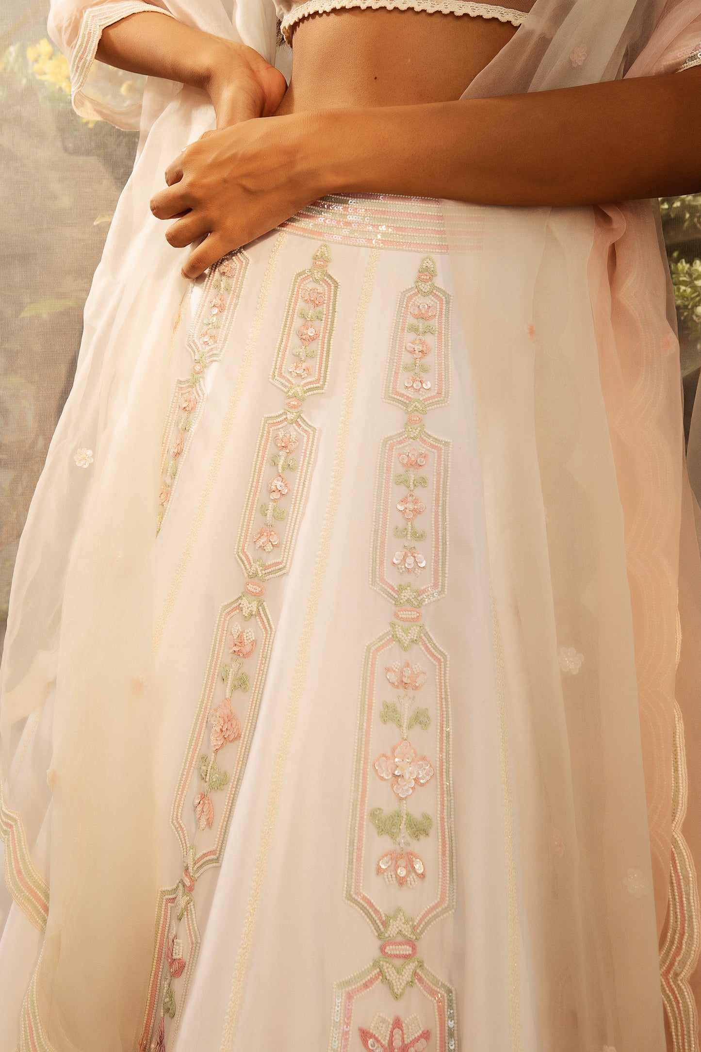 White Resham Embroidered Silk Organza Designer Lehenga Set