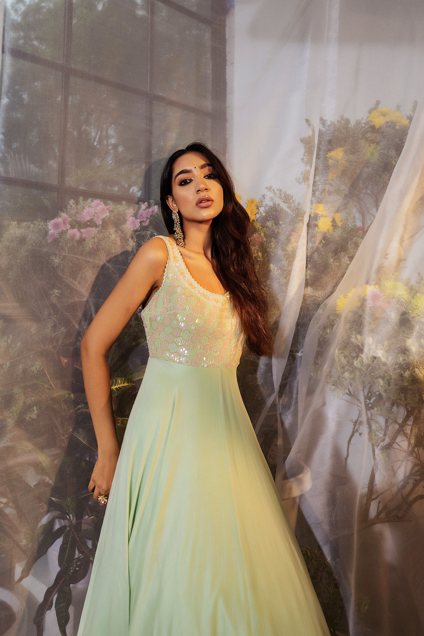 Mint Green Embroidered Chanderi Silk Anarkali Gown