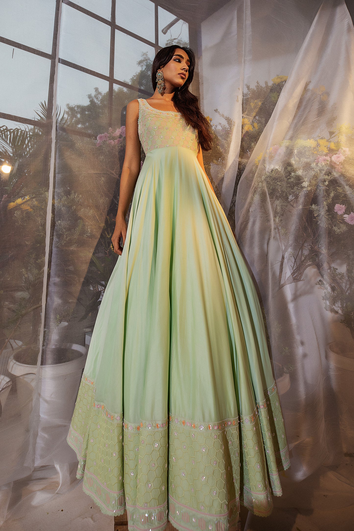 Mint Green Embroidered Chanderi Silk Anarkali Gown