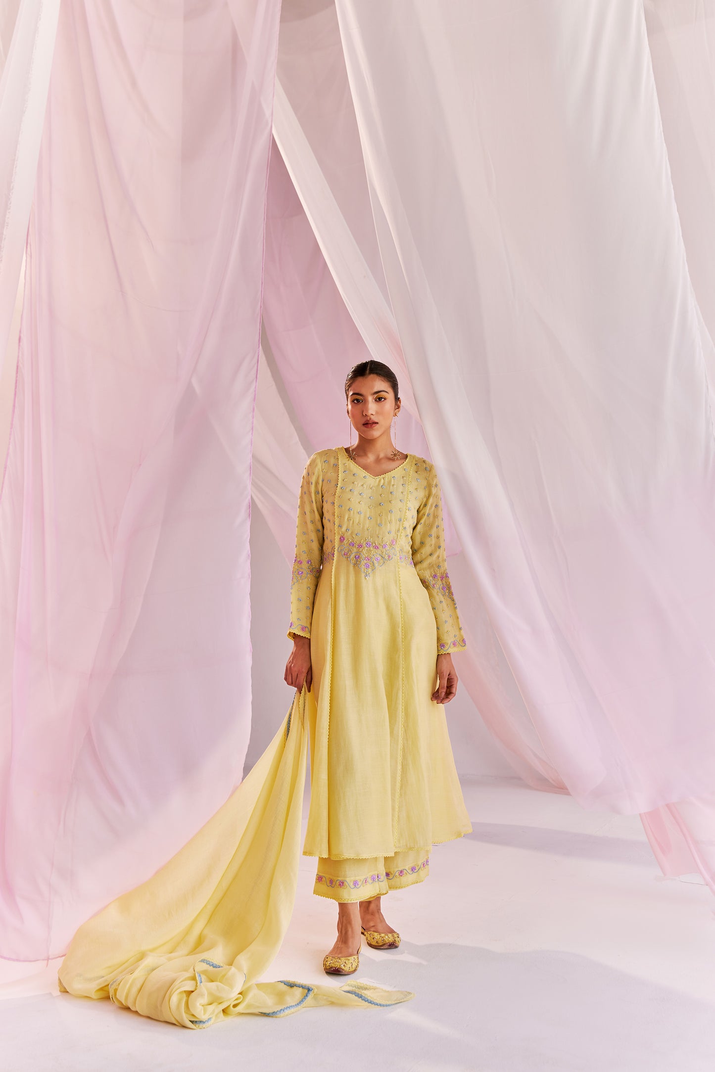 Alara Yellow Silk Chanderi Hand Embroidered Kurta Set