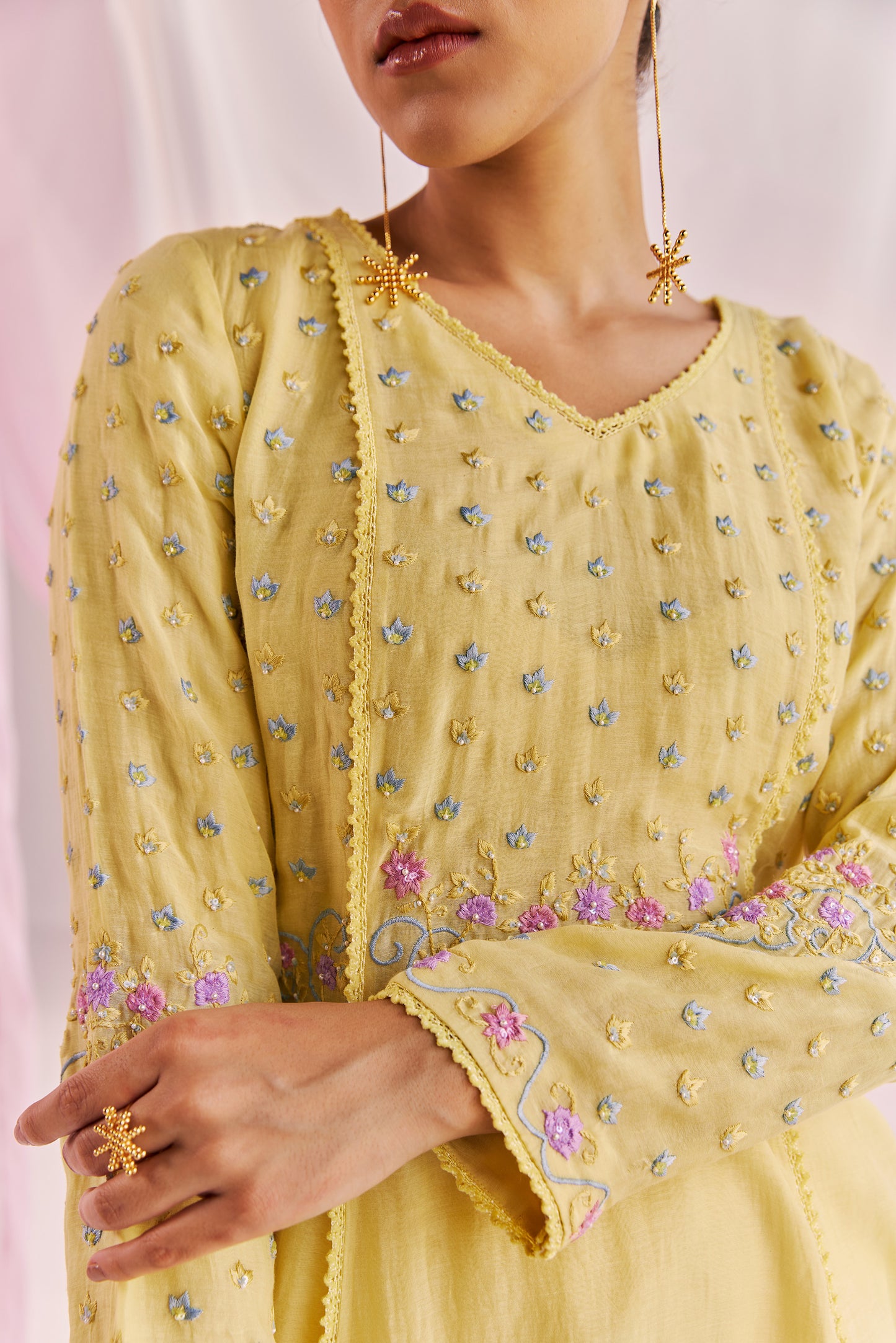 Alara Yellow Silk Chanderi Hand Embroidered Kurta Set