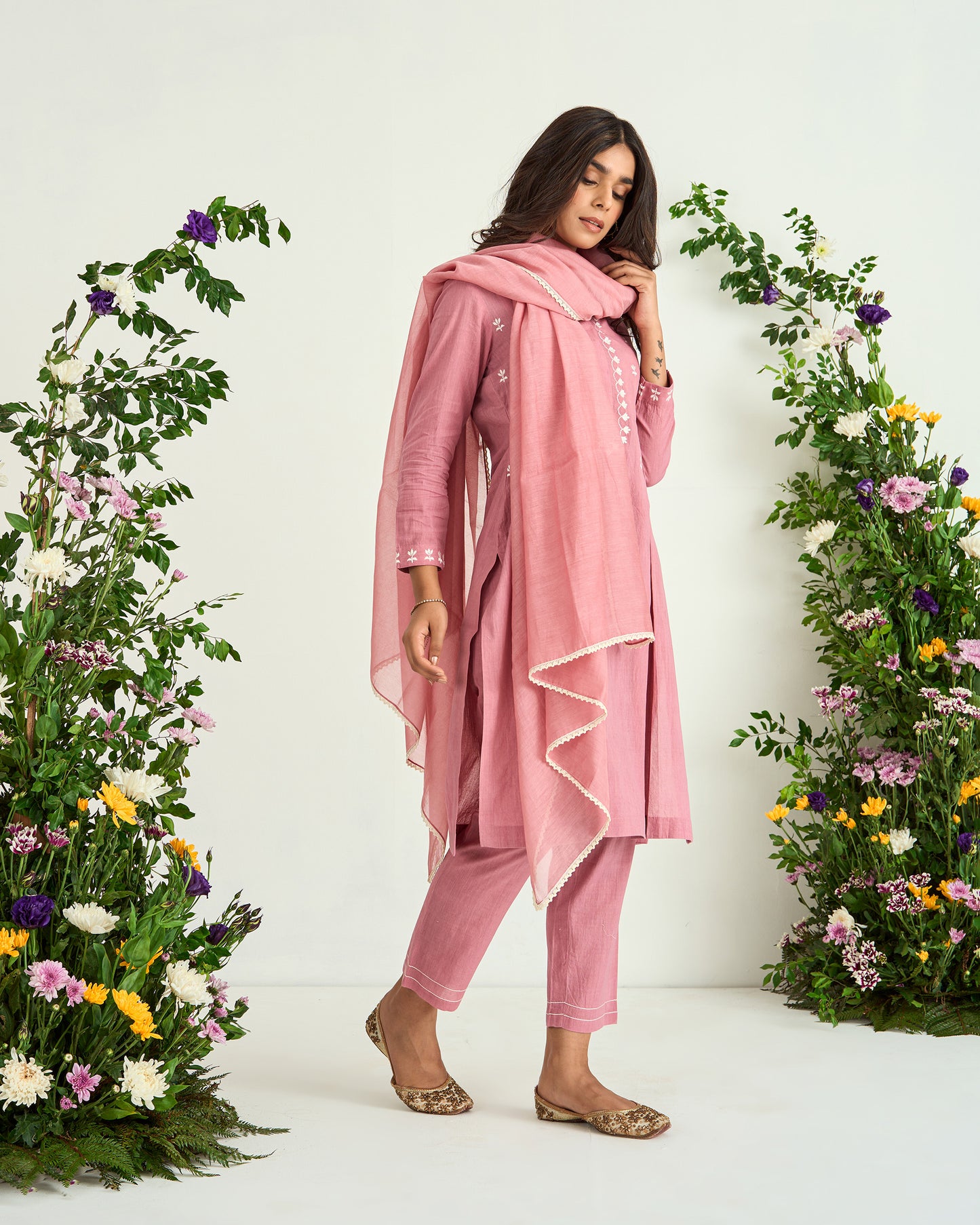 Onion Pink Resham Embroidered Pure Cotton Shaadmani Kurta Set