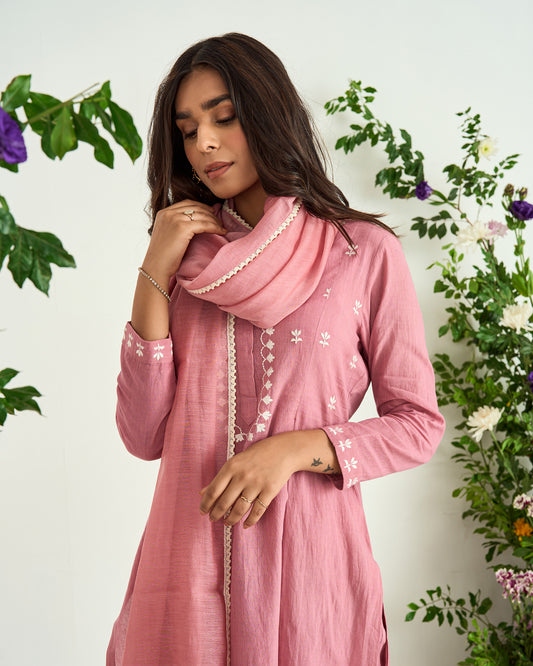 Onion Pink Resham Embroidered Pure Cotton Shaadmani Kurta Set