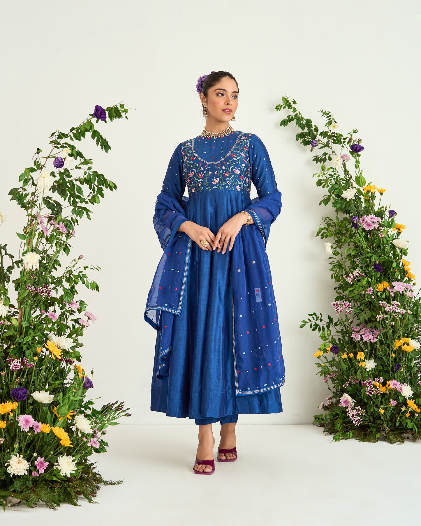 Classic Blue Hand Embroidered Chanderi Silk Anarkali Set