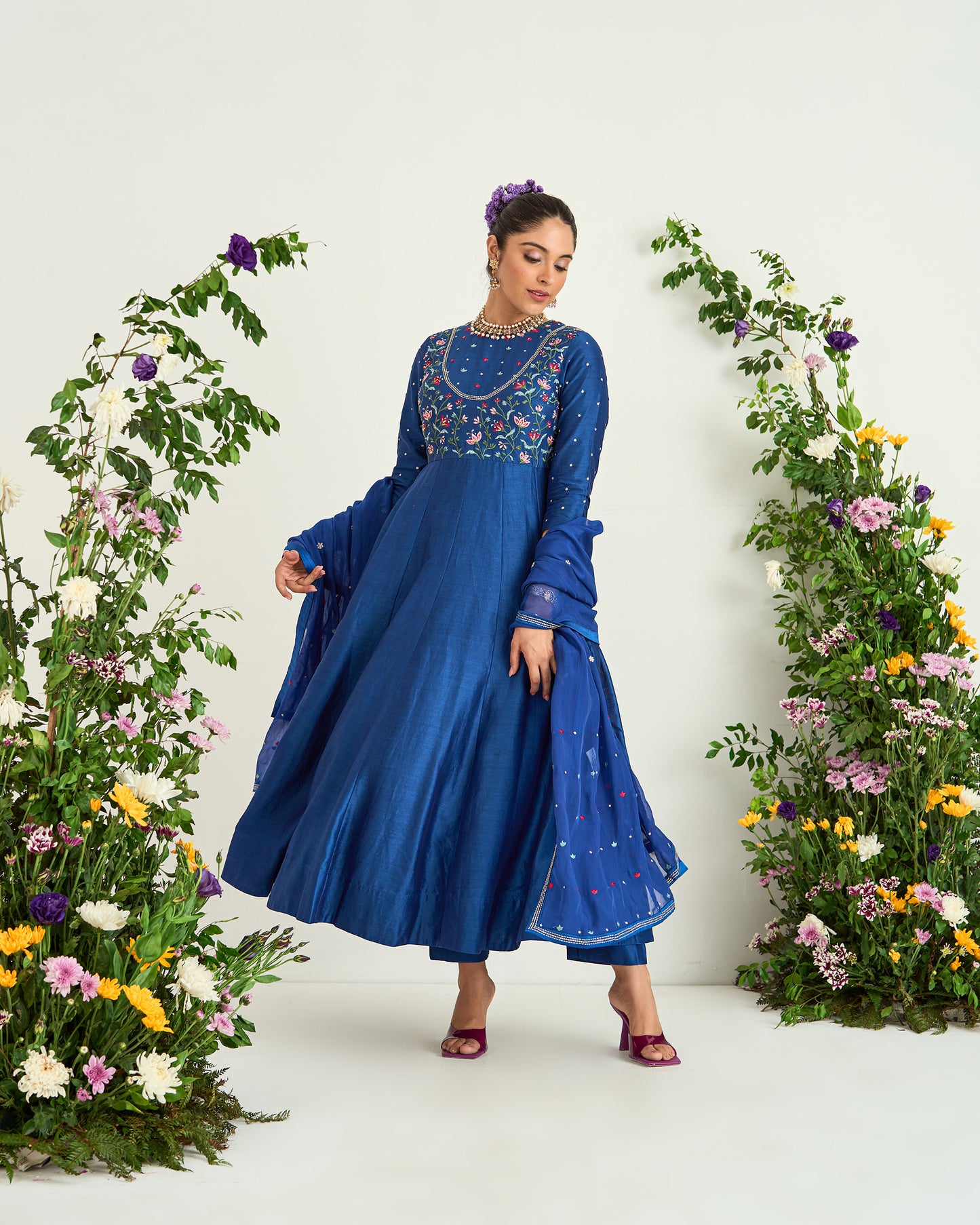 Classic Blue Hand Embroidered Chanderi Silk Anarkali Set