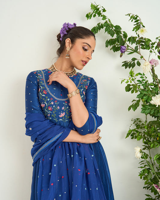 Classic Blue Hand Embroidered Chanderi Silk Anarkali Set