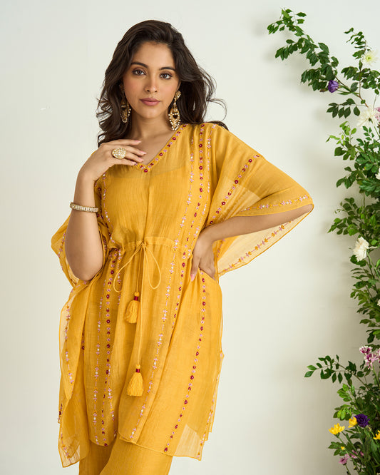 Yellow Hand Embroidered Chanderi Silk Kaftan set