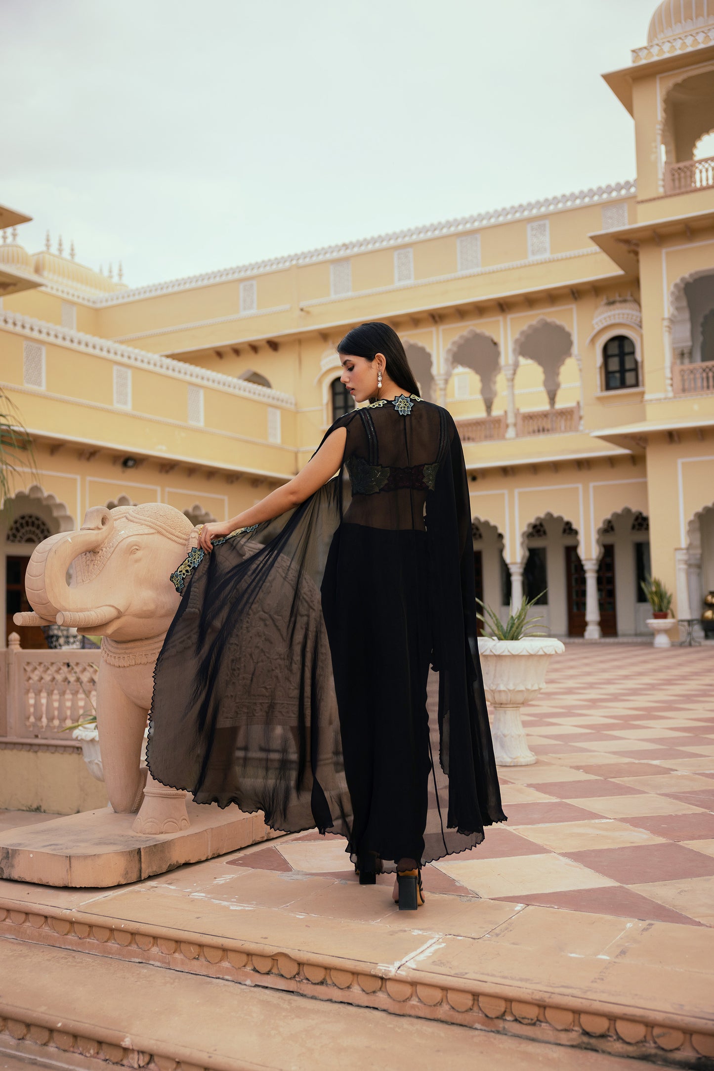 Sitara Resham Embroidered Black Satin Cape Set