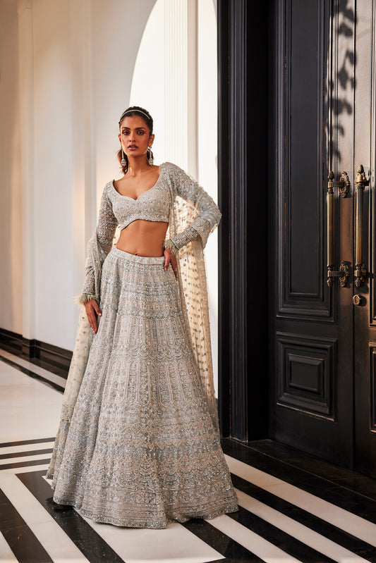 Iceblue Embroidered Organza Enigma Lehenga Set