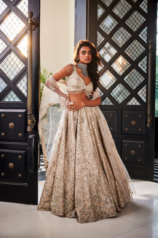 Grey Embroidered Rawsilk Lehenga Set