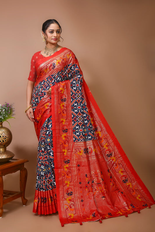 Dori Red Blue Silk Patola Print Saree