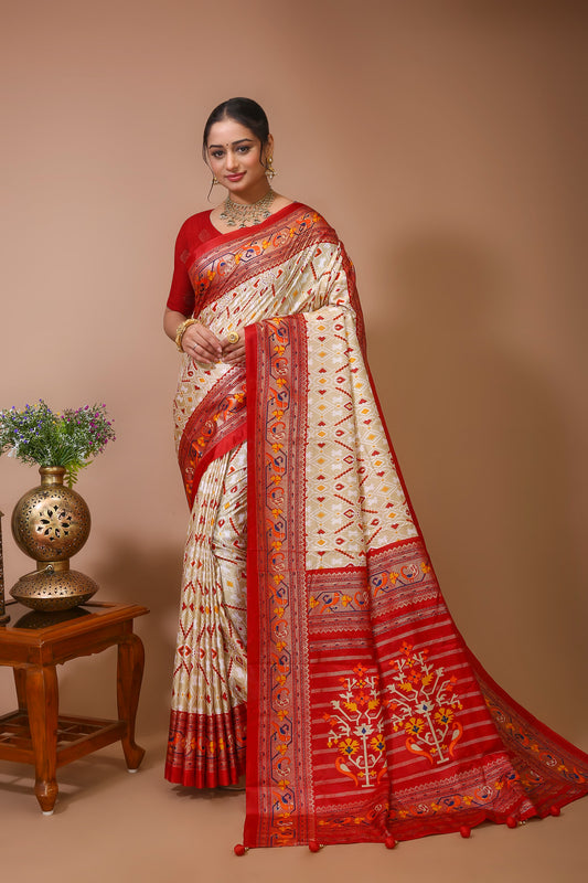 Dori Red White Silk Patola Print Saree