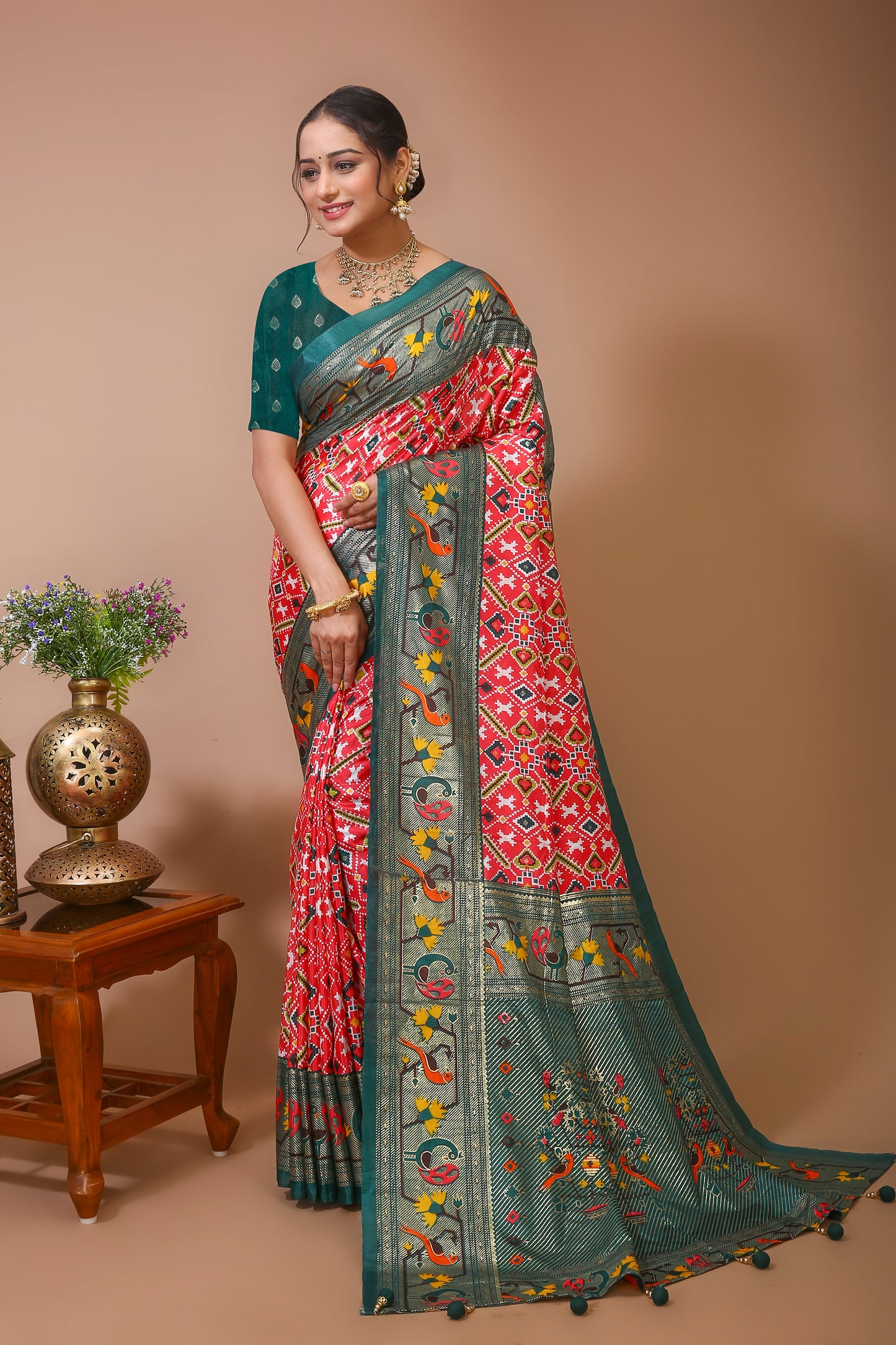 Dori Red Green Silk Patola Print Saree