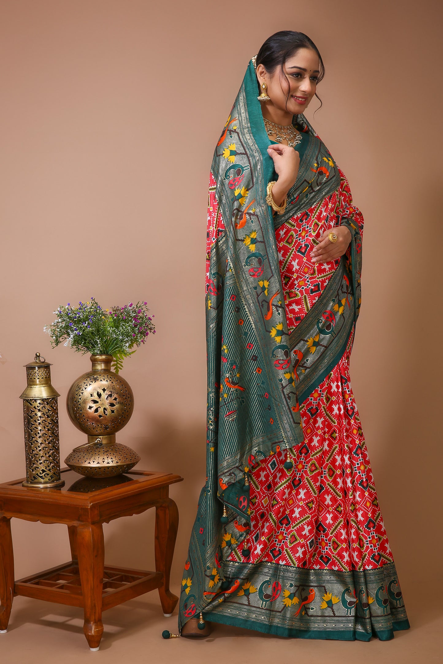 Dori Red Green Silk Patola Print Saree