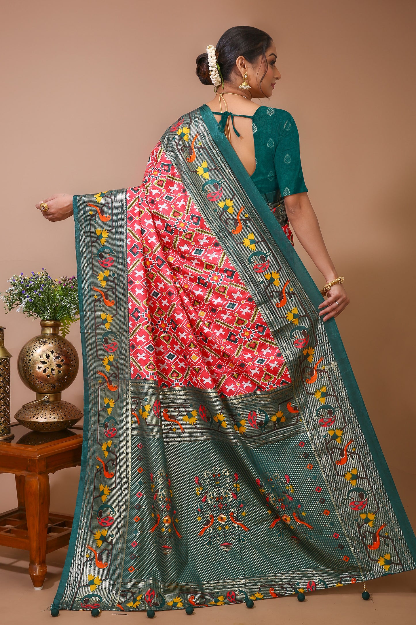 Dori Red Green Silk Patola Print Saree