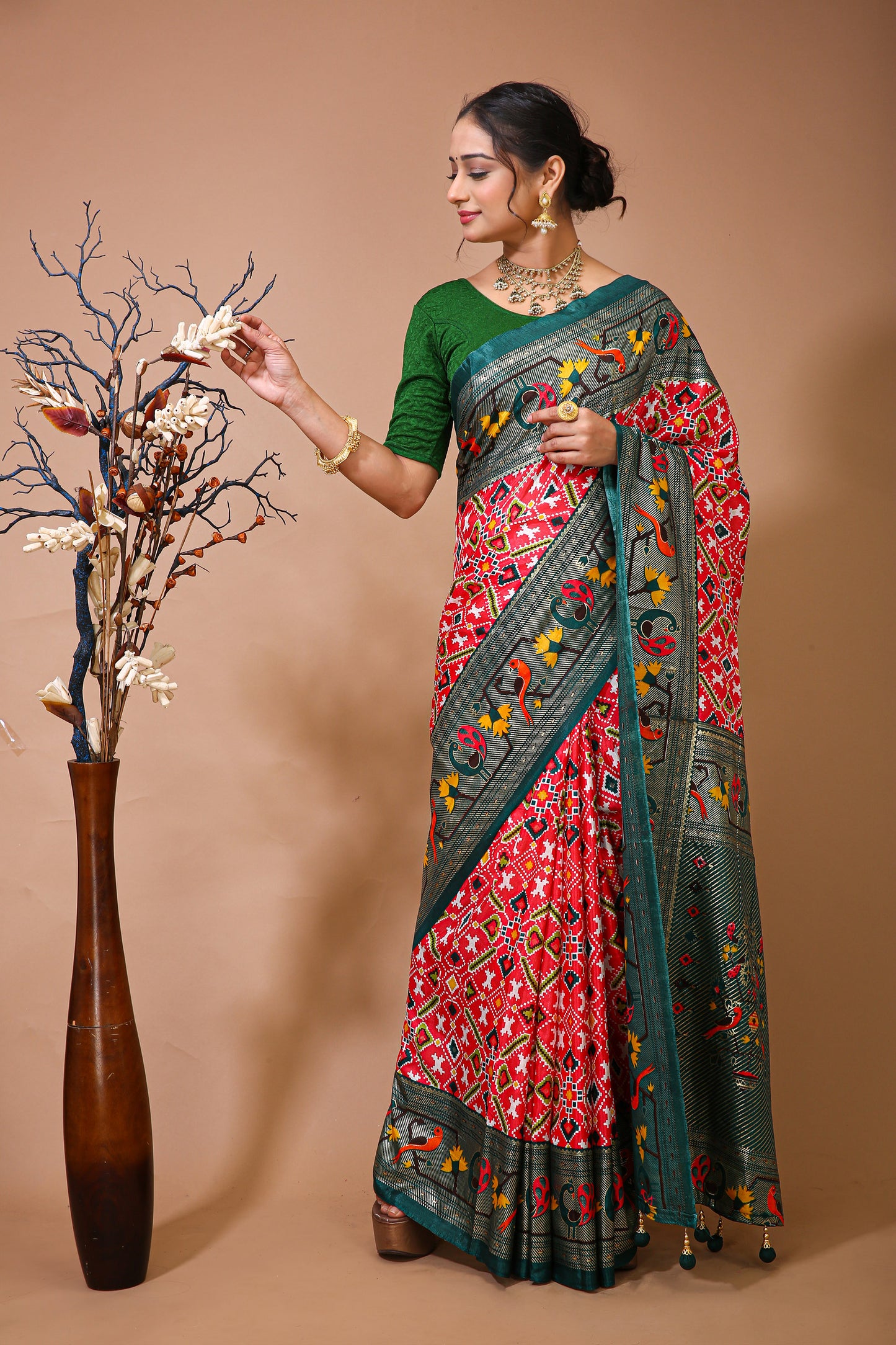 Dori Red Green Silk Patola Print Saree