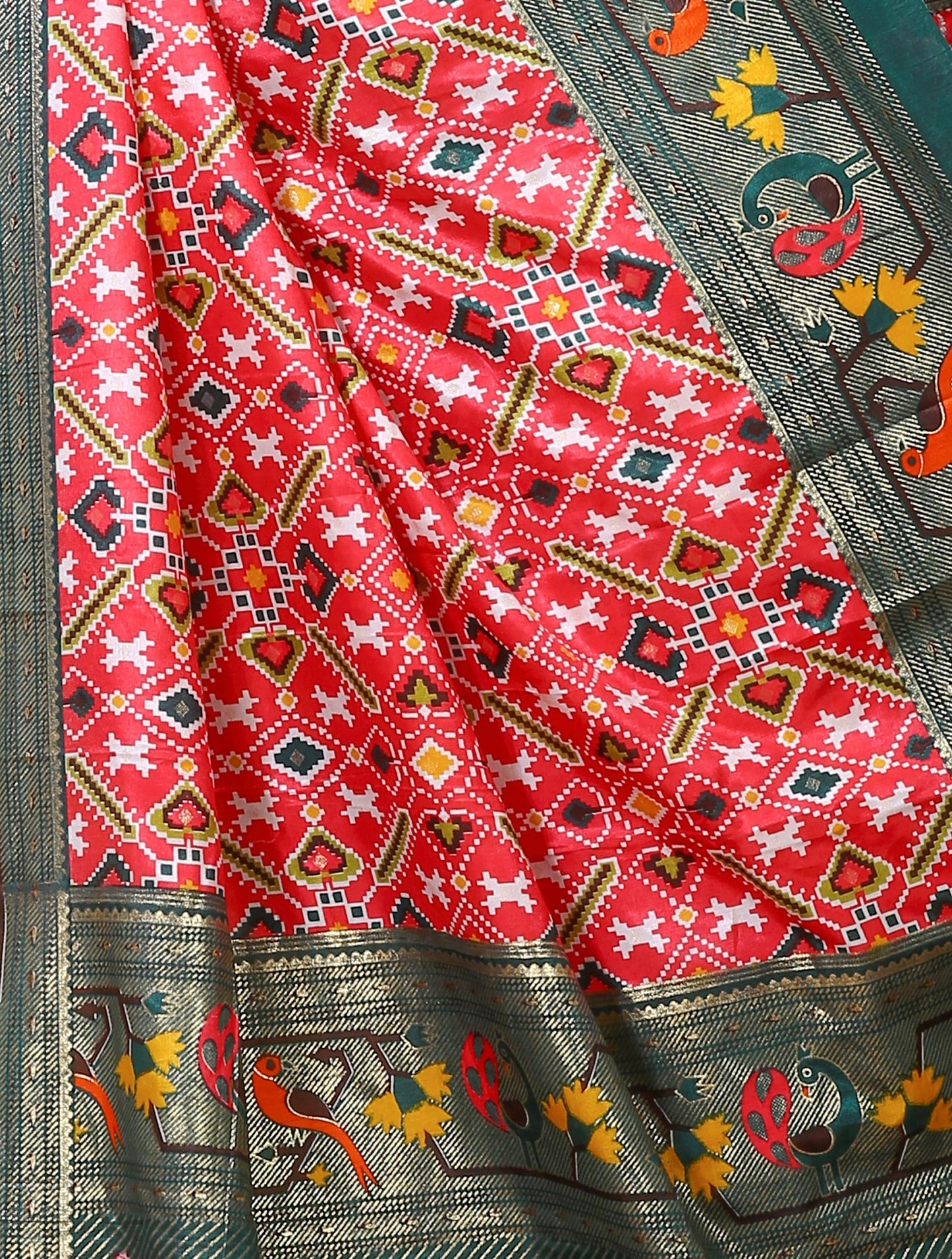 Dori Red Green Silk Patola Print Saree