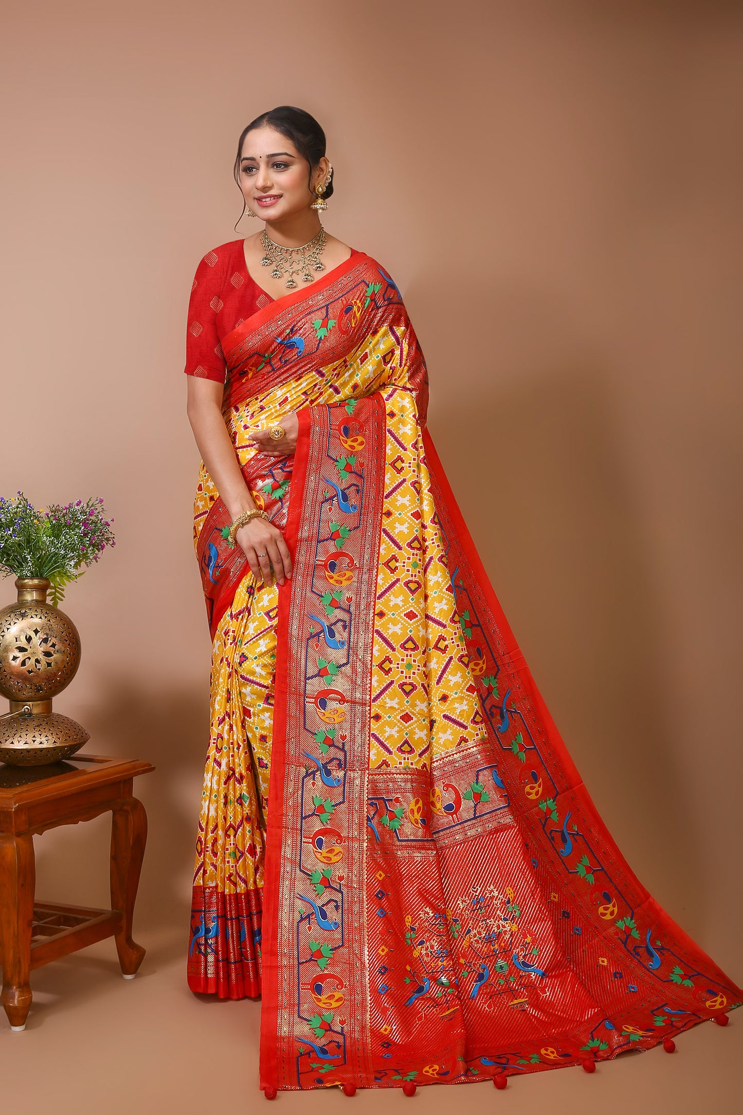 Dori Yellow Red Silk Patola Print Saree