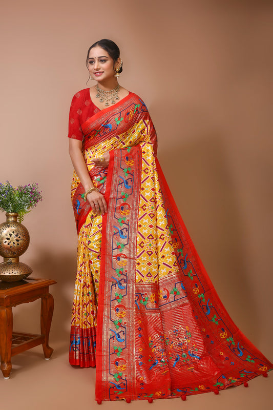 Dori Yellow Red Silk Patola Print Saree