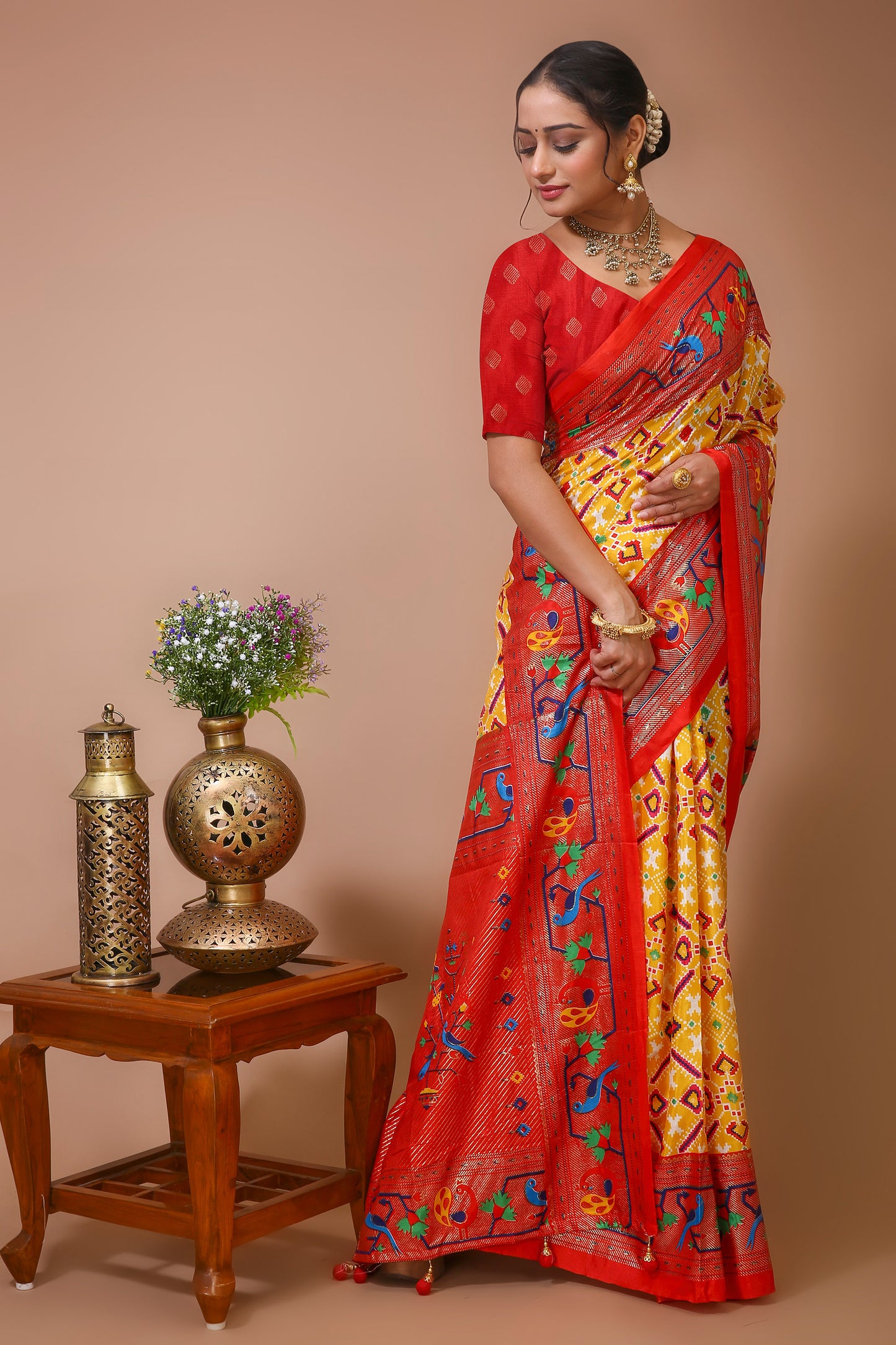 Dori Yellow Red Silk Patola Print Saree