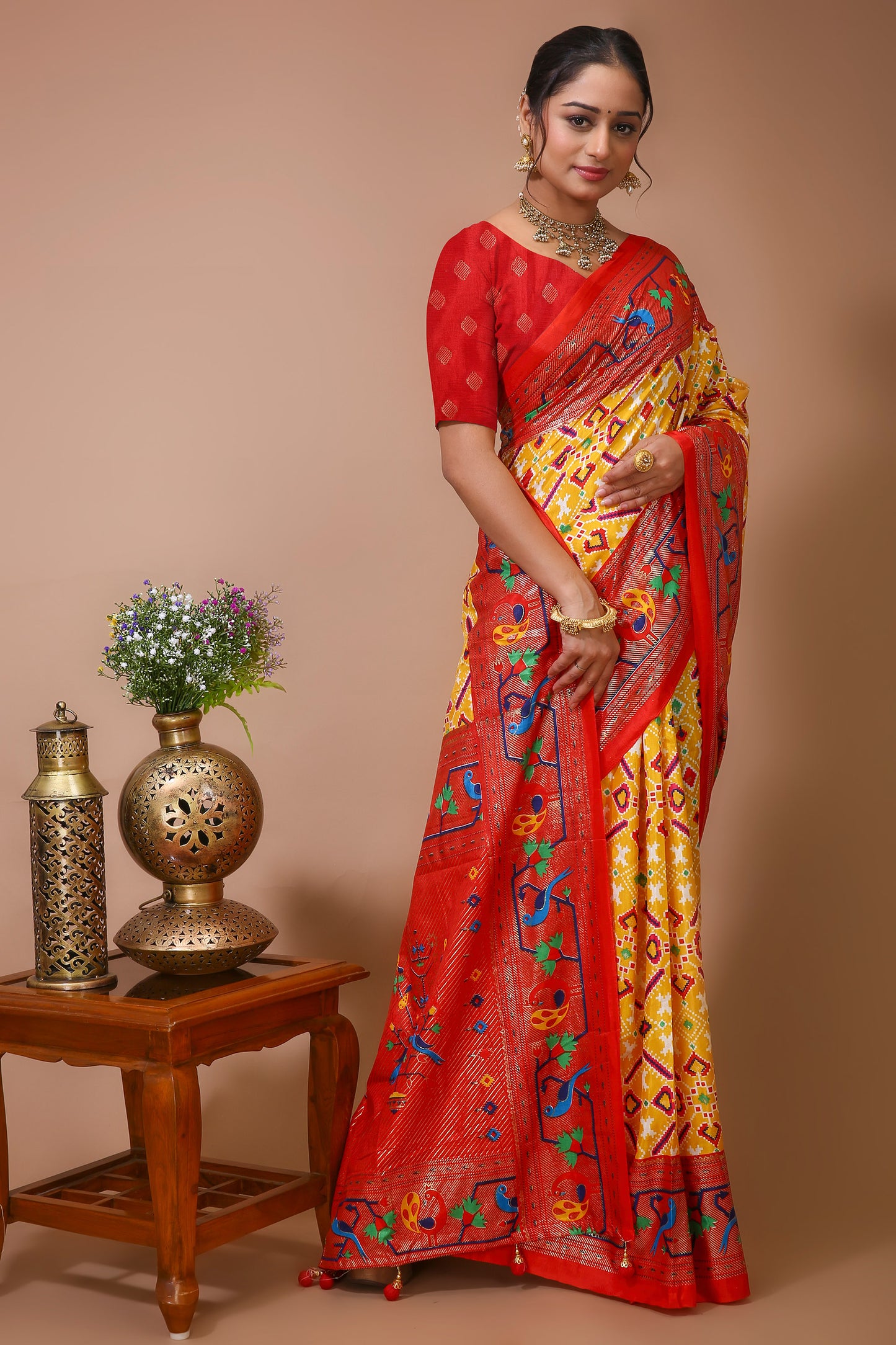 Dori Yellow Red Silk Patola Print Saree