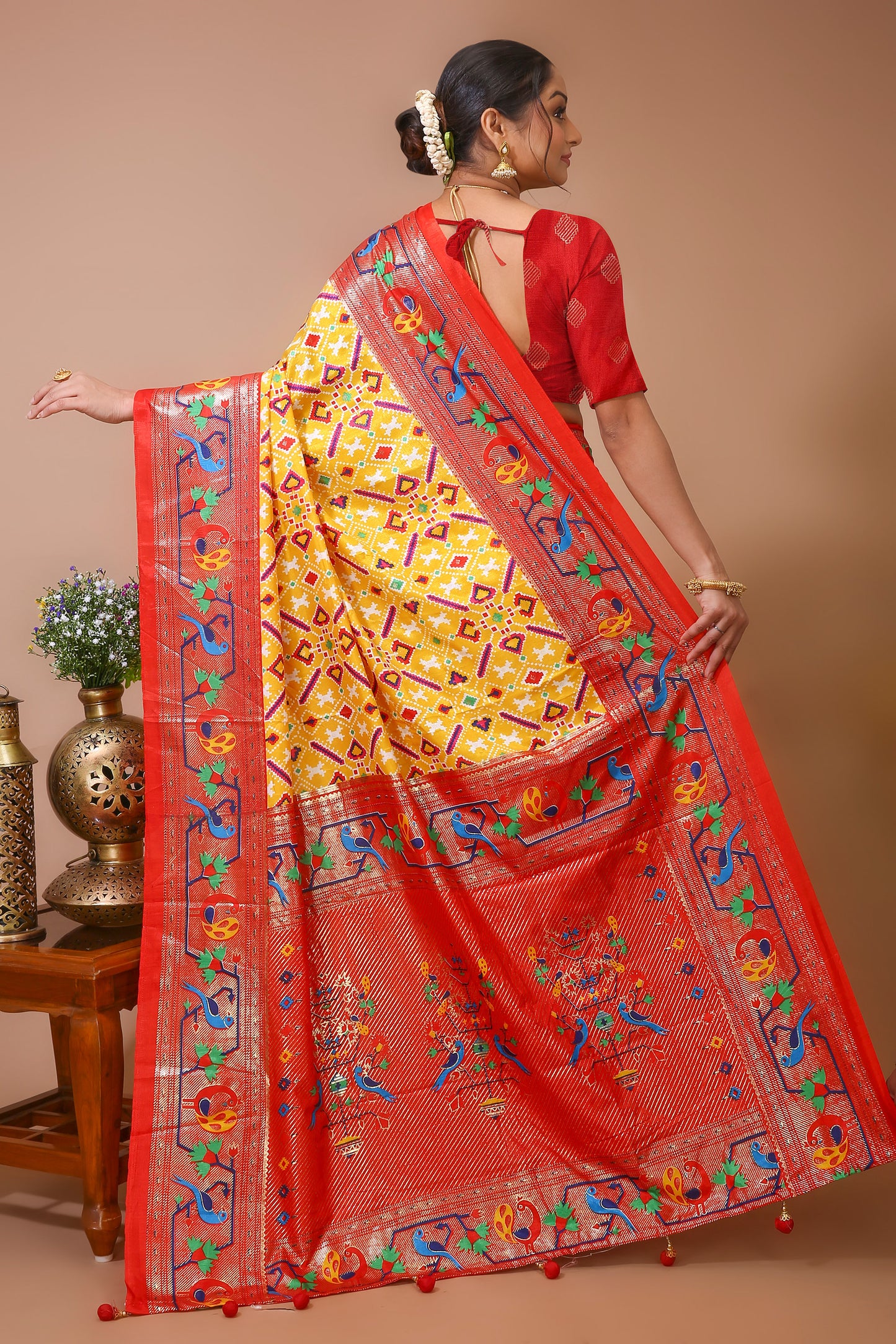 Dori Yellow Red Silk Patola Print Saree