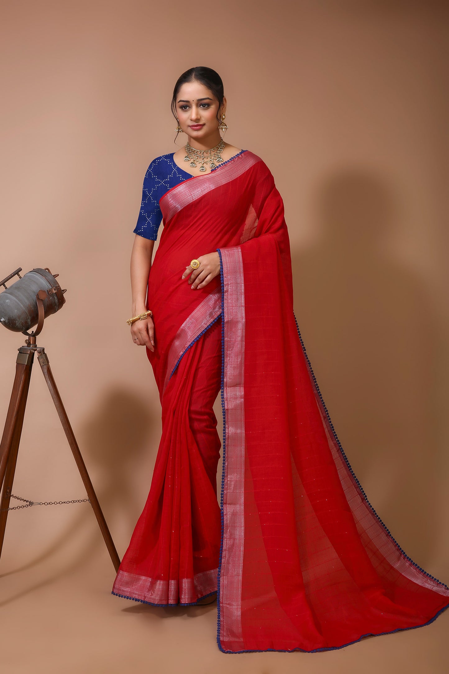 Dori Red Blue Linen Silk Saree