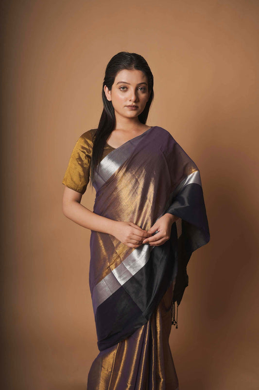 Kaashvi | Gold and Black Handloom Tissue Saree