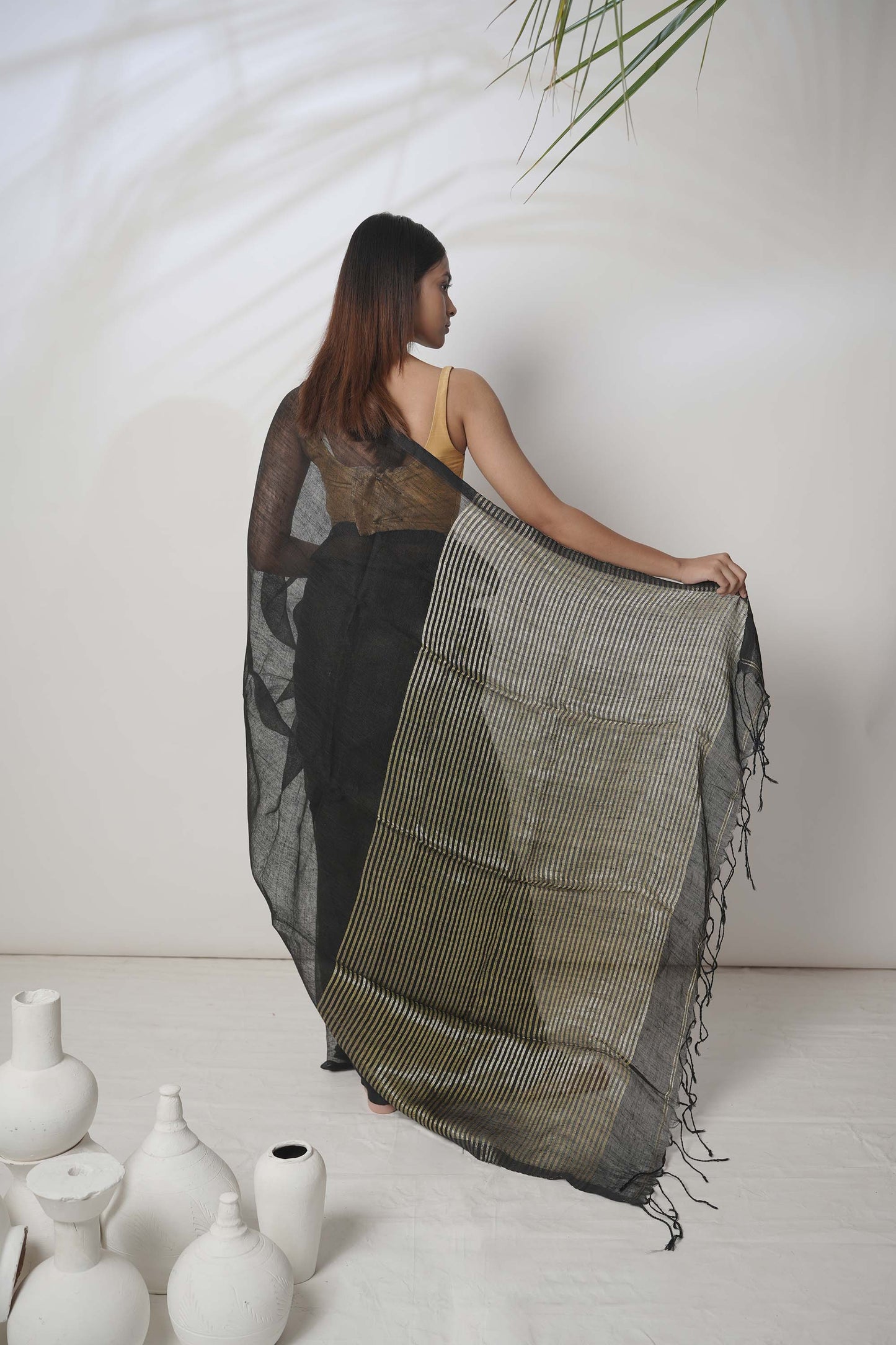 Kajal I Black Handloom Linen Saree