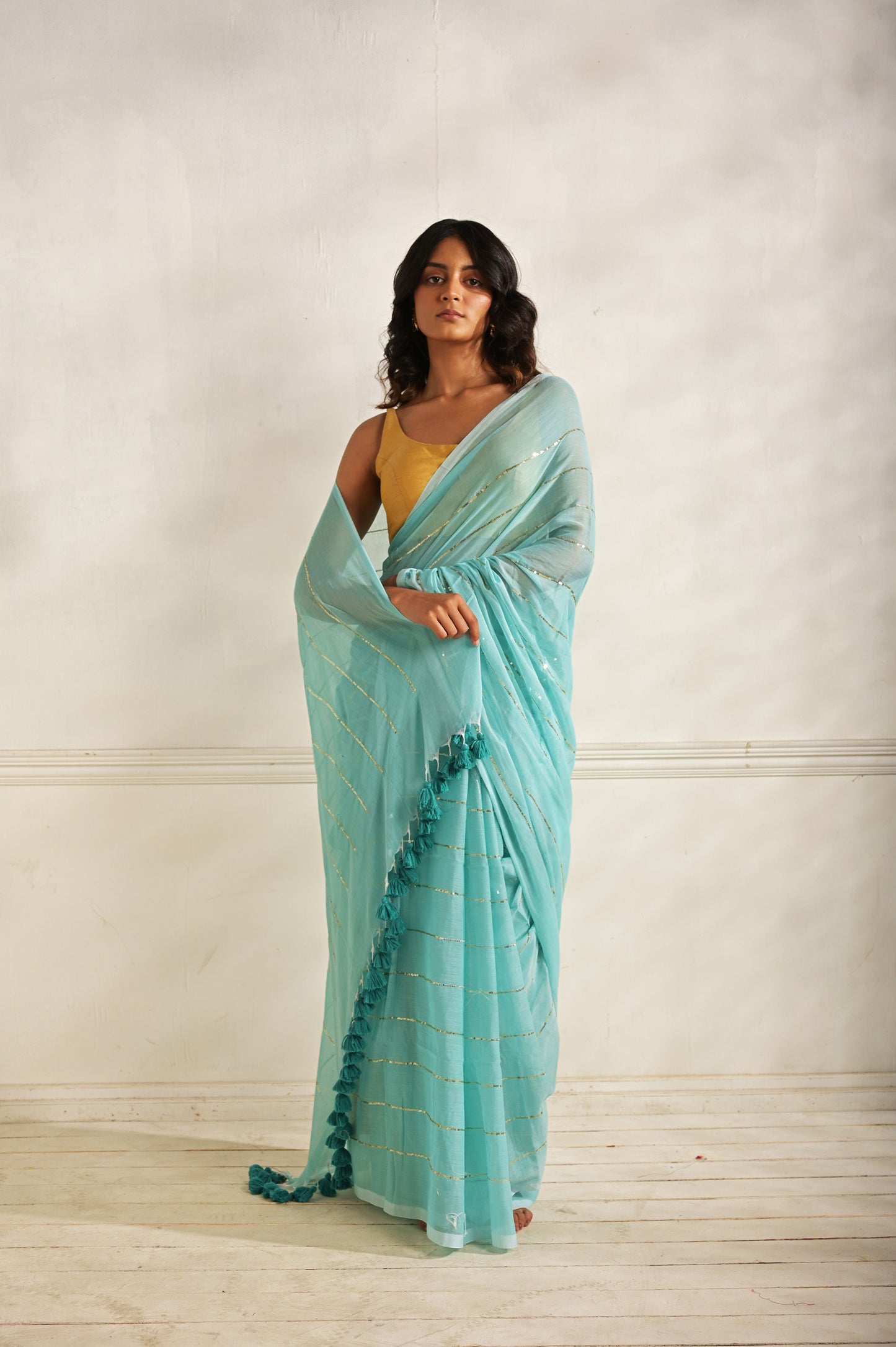 Kaya | Blue handloom mul cotton saree with sequined