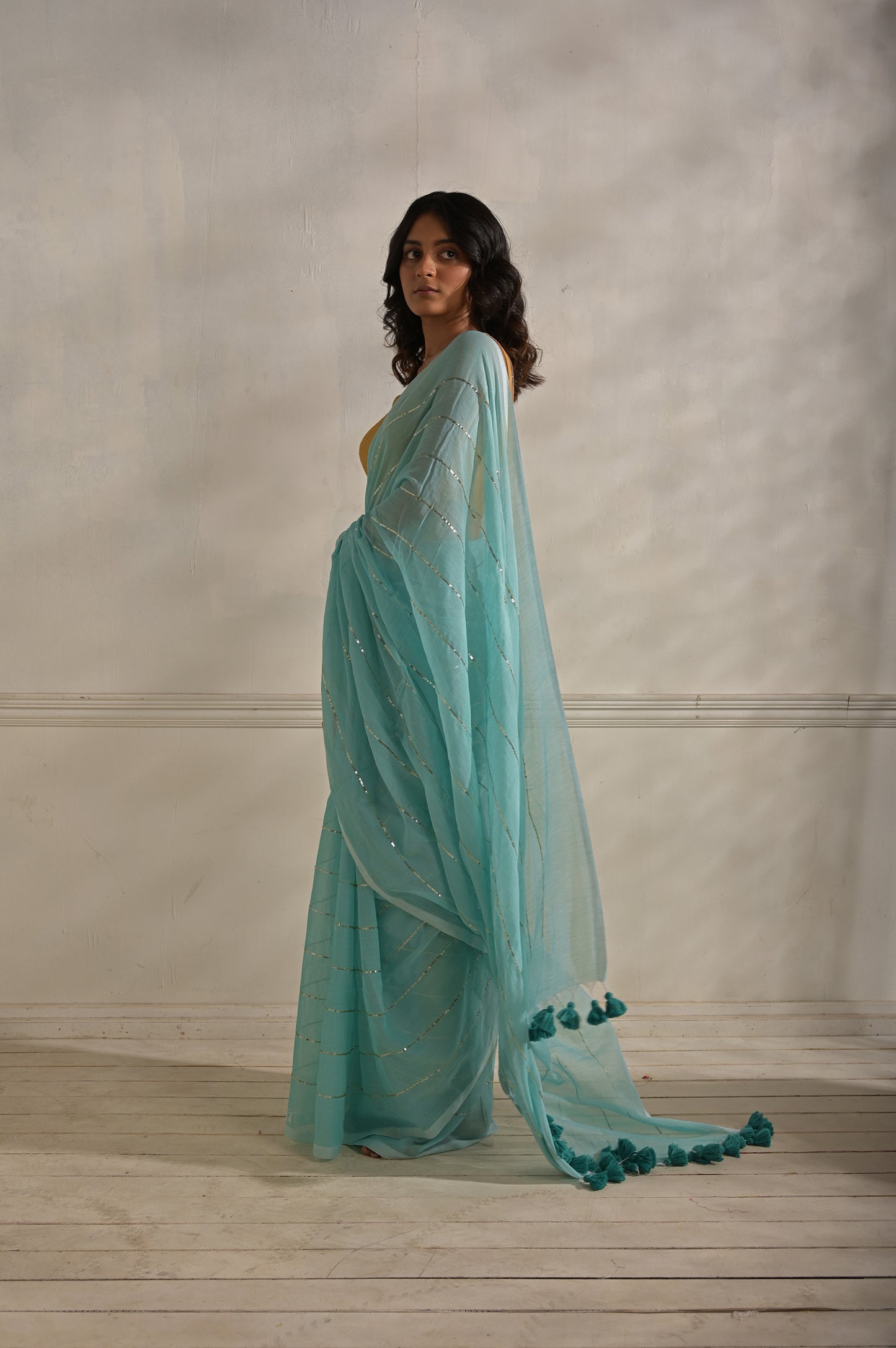 Kaya | Blue handloom mul cotton saree with sequined