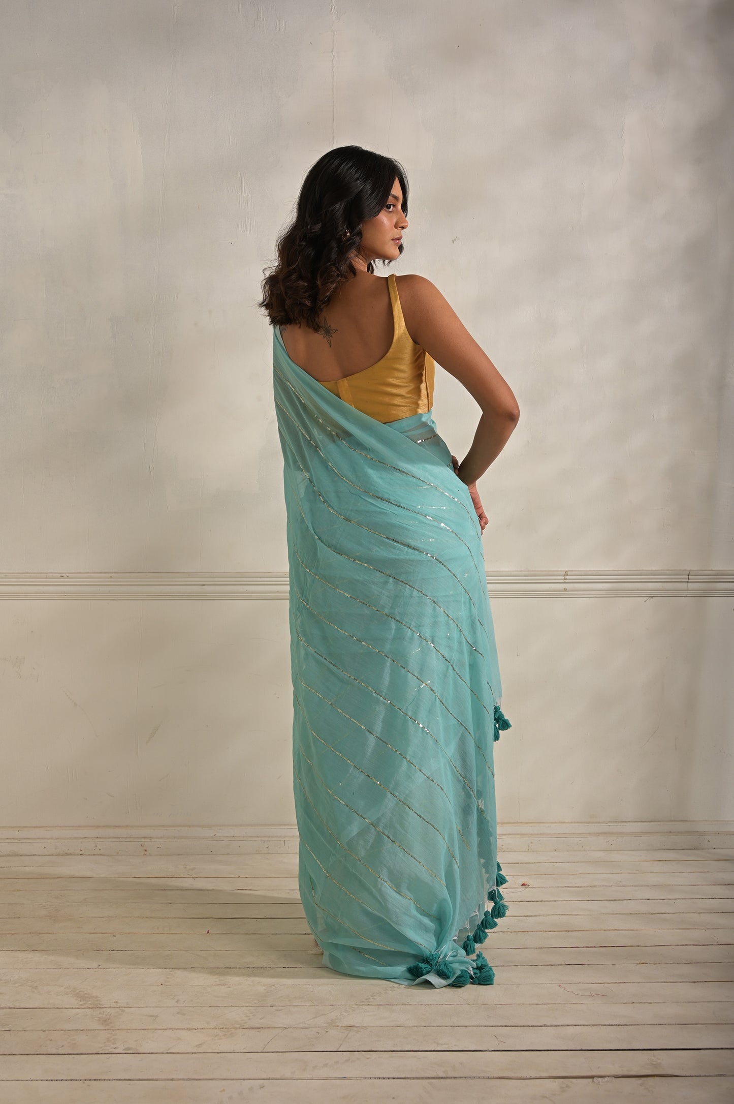 Kaya | Blue handloom mul cotton saree with sequined