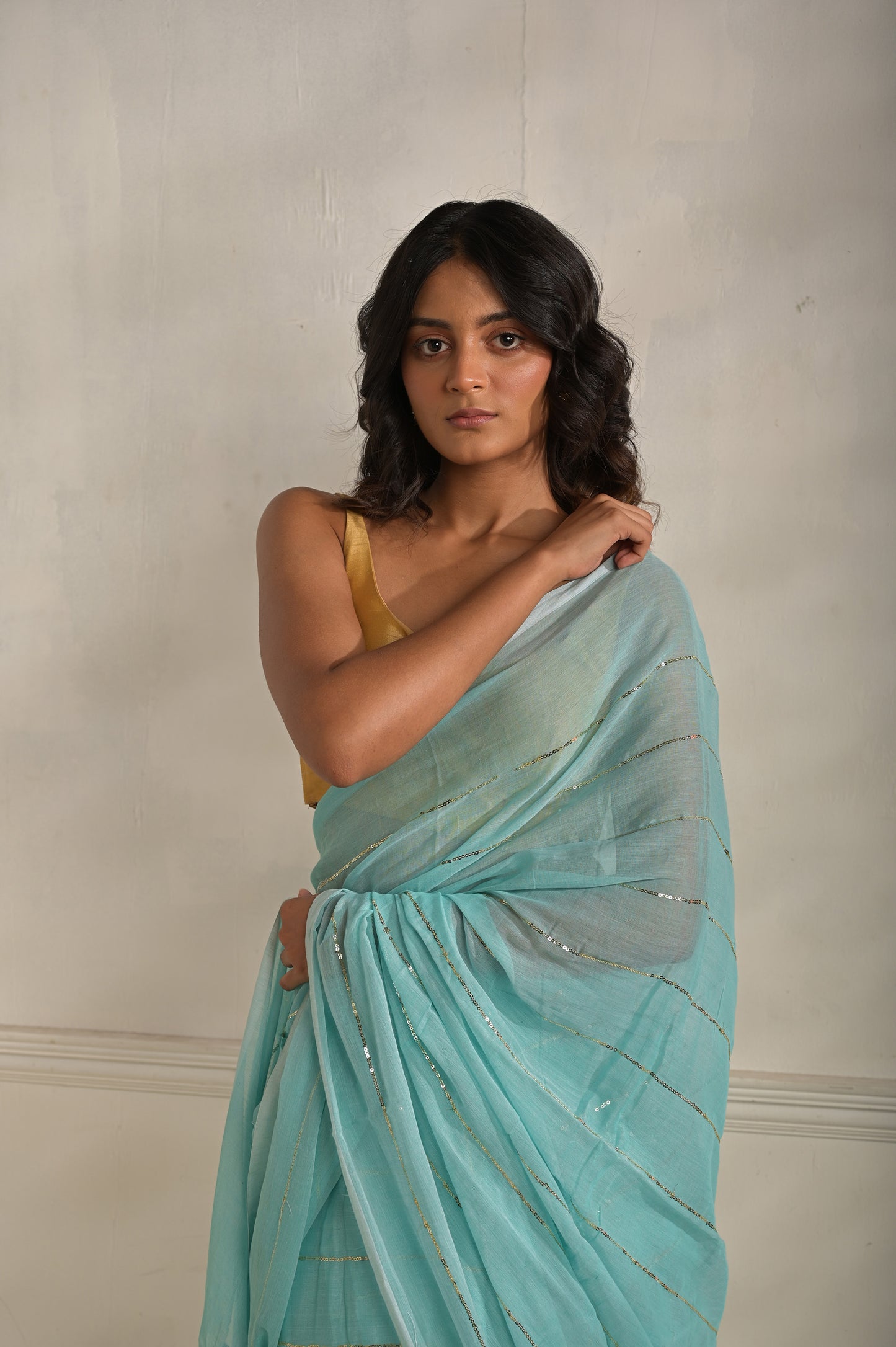 Kaya | Blue handloom mul cotton saree with sequined