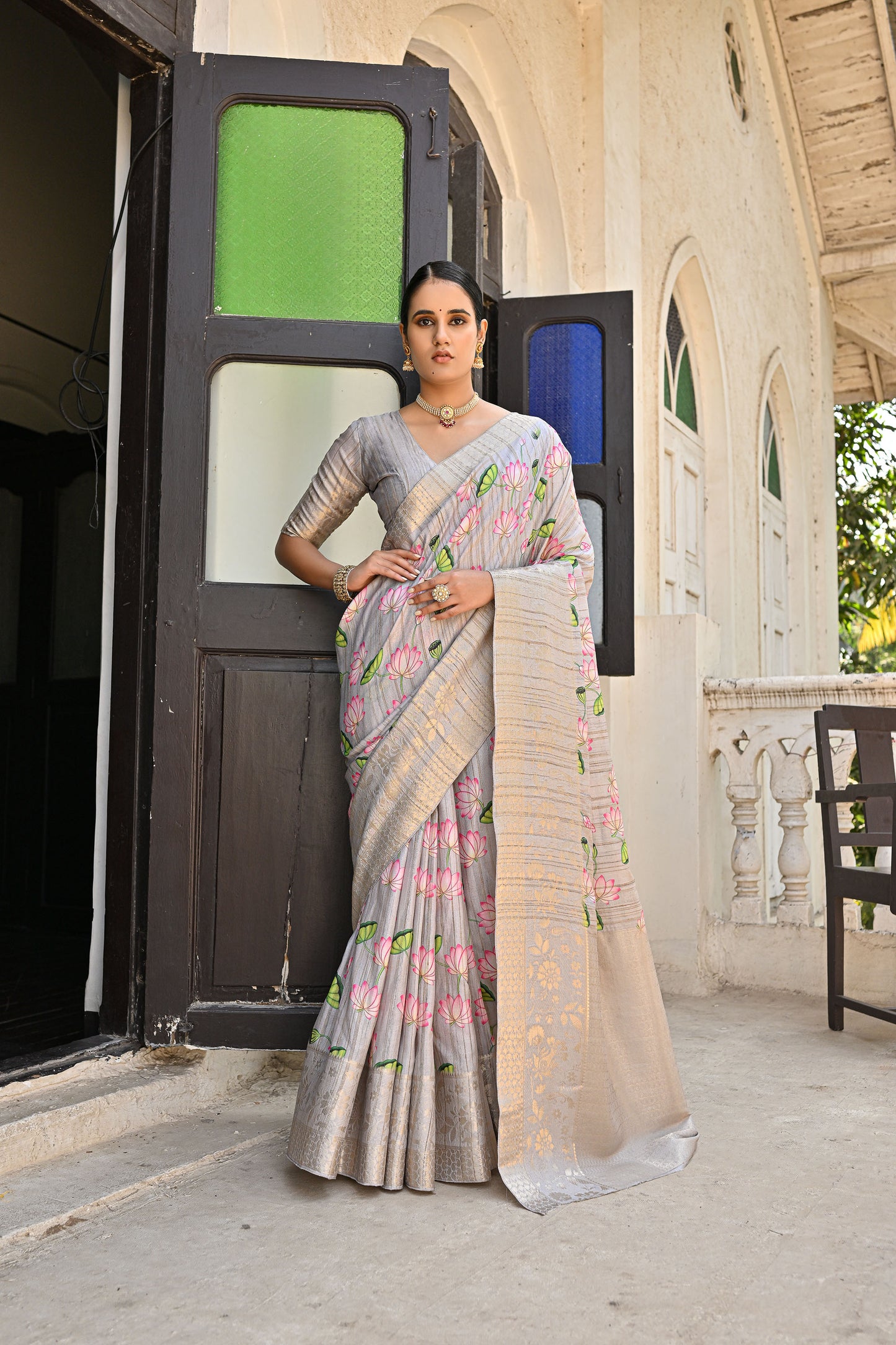 Lalita Full Grey Banarasi Silk Printed Saree