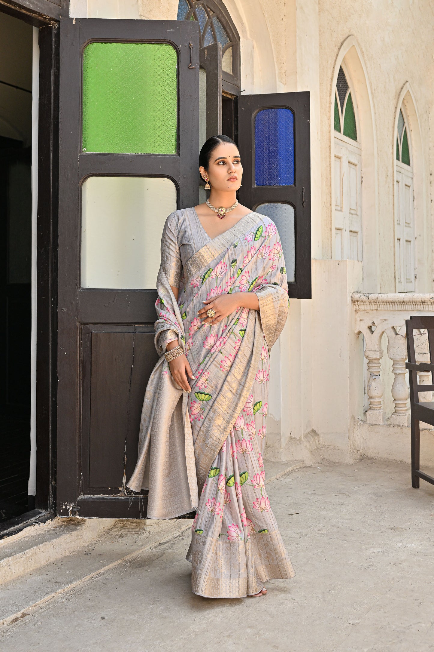 Lalita Full Grey Banarasi Silk Printed Saree