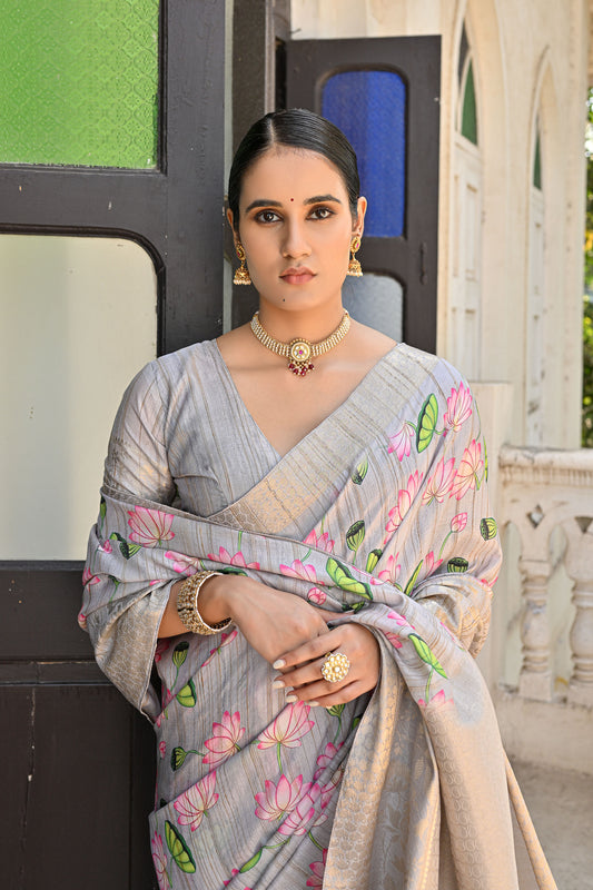 Lalita Full Grey Banarasi Silk Printed Saree