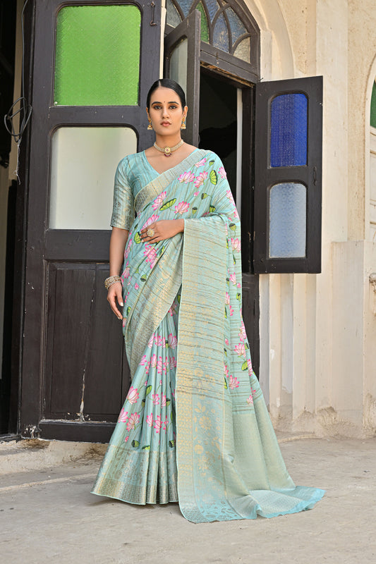 Lalita Full Sea Green Banarasi Silk Printed Saree