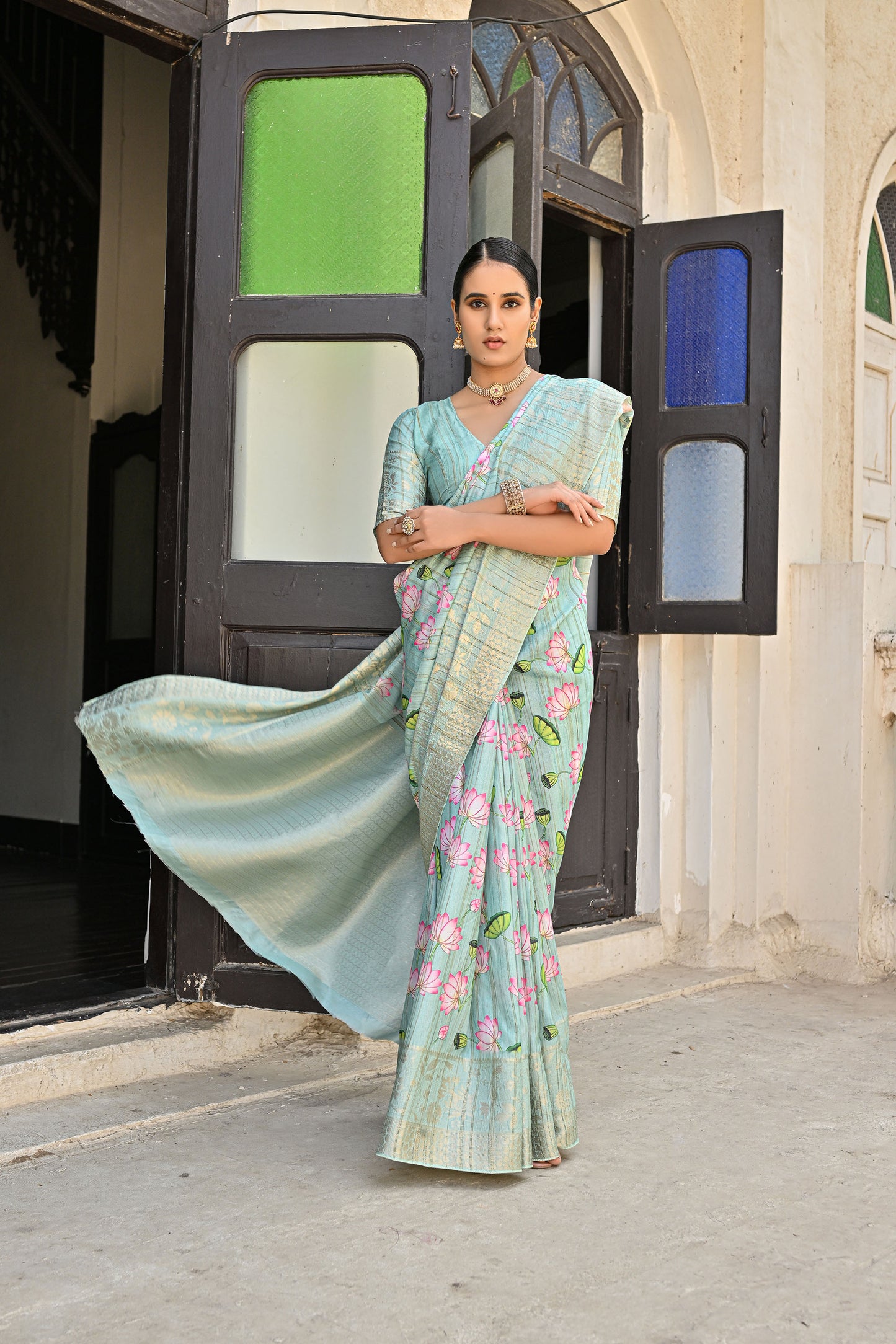 Lalita Full Sea Green Banarasi Silk Printed Saree