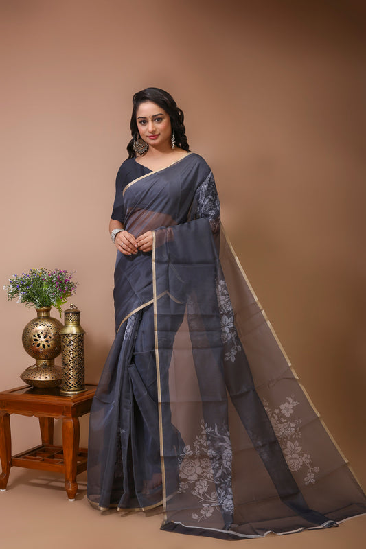 Dori Grey Digital Print Net Saree