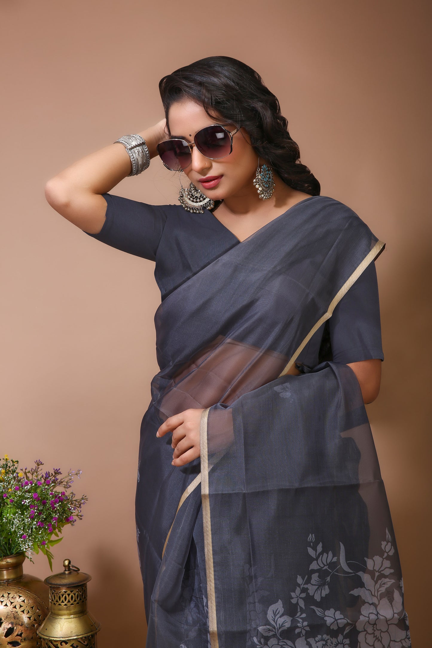 Dori Grey Digital Print Net Saree