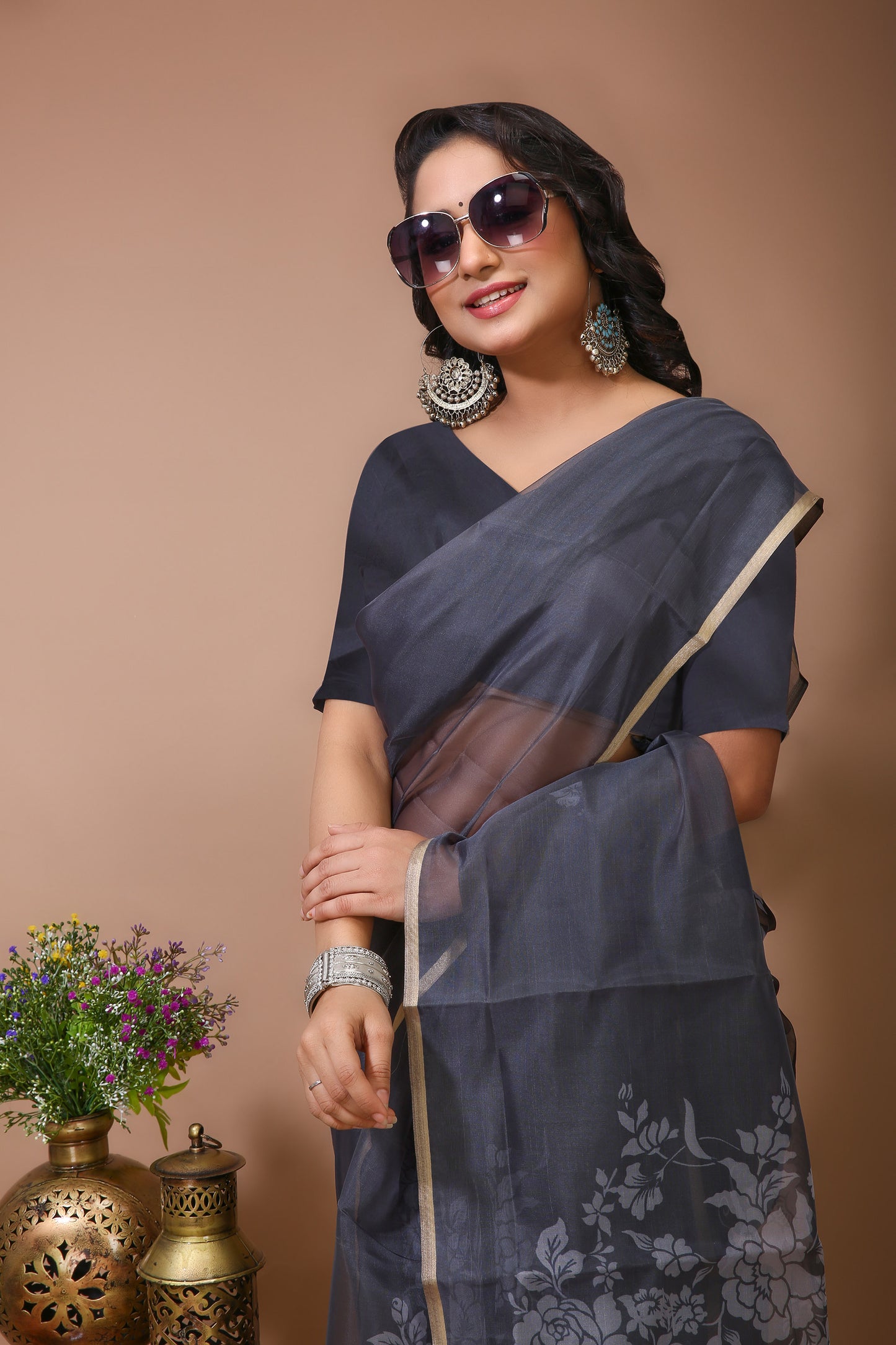 Dori Grey Digital Print Net Saree