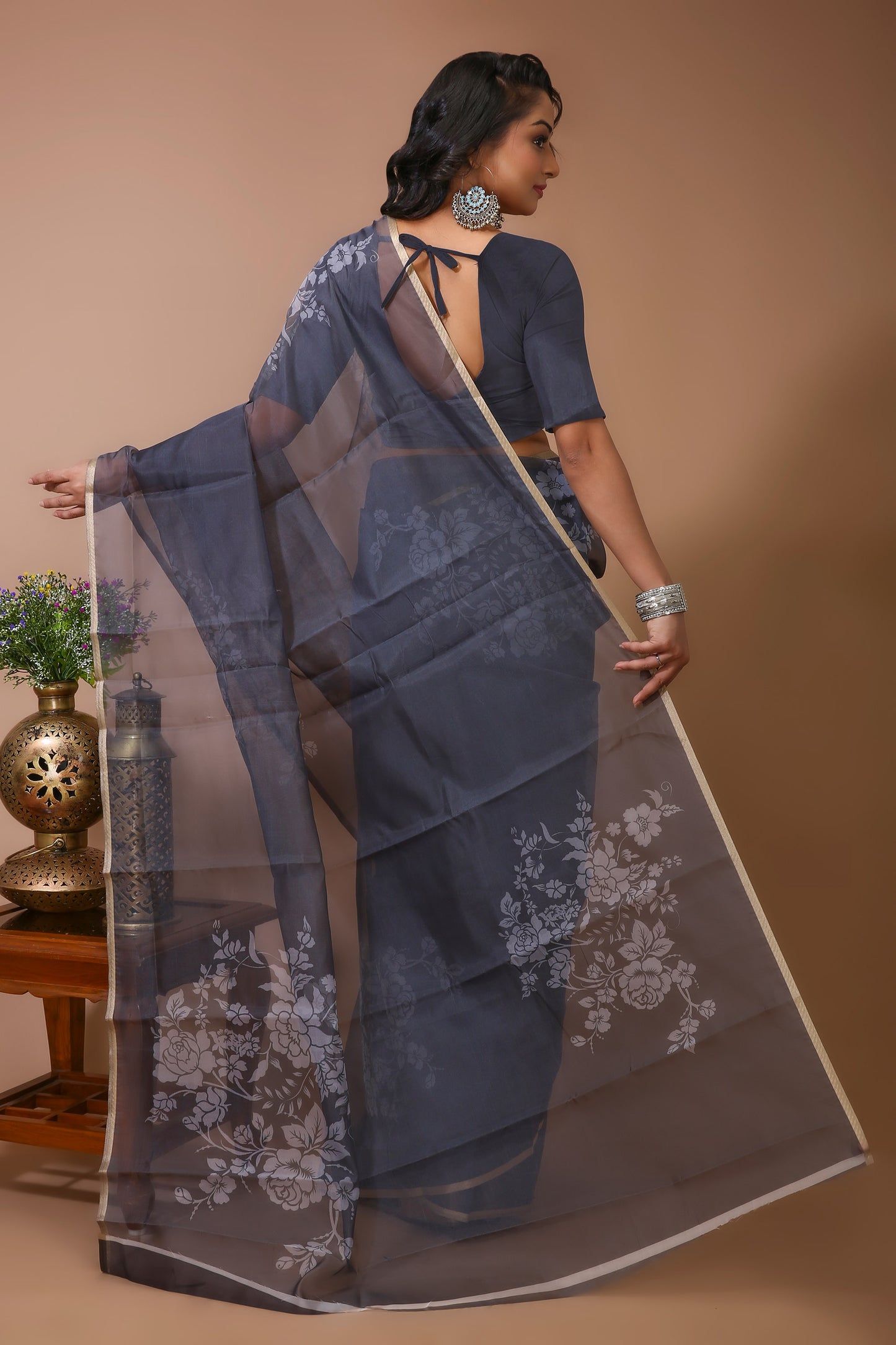 Dori Grey Digital Print Net Saree